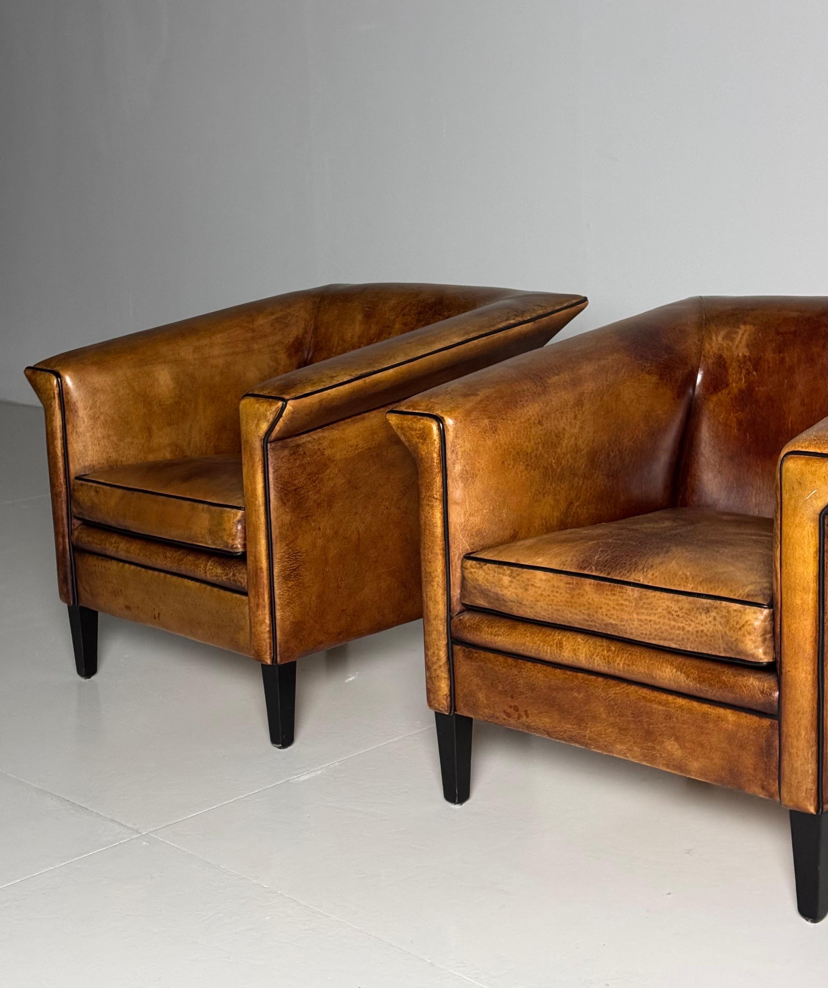Late 20th Century Pair of 2 Sheep’s leather Art Deco clubchairs