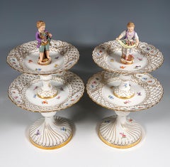 Pair Of 2-Storey Meissen Porcelain Centerpieces With Gardener Children, Ca. 1860