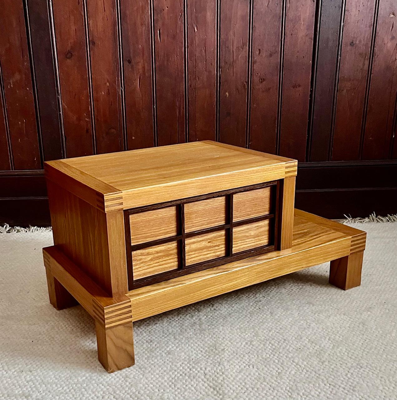 Stained Pair of 2-tier elm wood night stands with drawer, Japanese design, 1960's