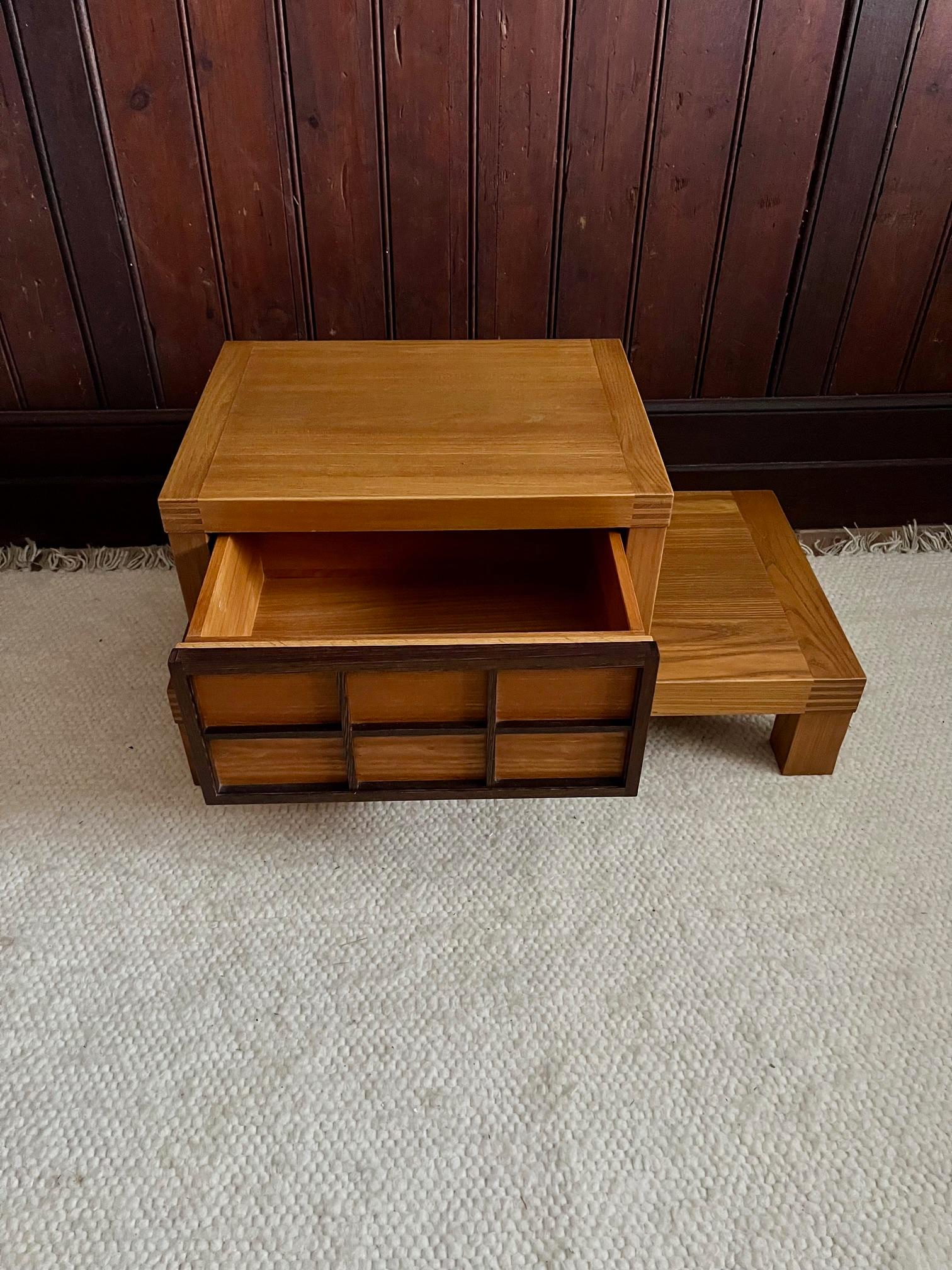Mid-20th Century Pair of 2-tier elm wood night stands with drawer, Japanese design, 1960's
