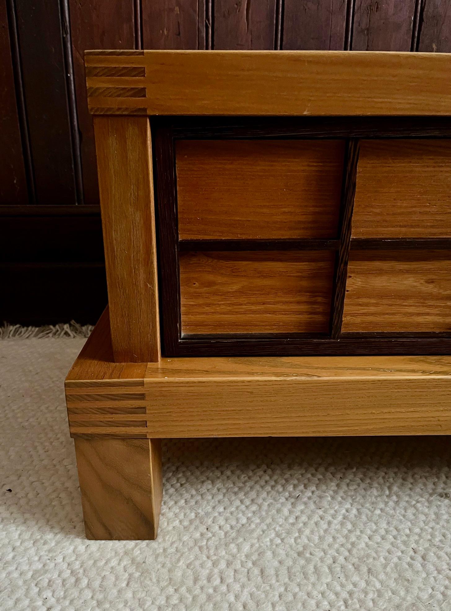 Elm Pair of 2-tier elm wood night stands with drawer, Japanese design, 1960's