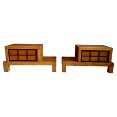 Pair of 2-tier elm wood night stands with drawer, Japanese design, 1960's