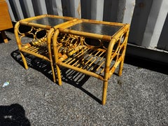 Pair of 2 Tier Tiki Boho Chic Waterfall Front Bamboo End Tables