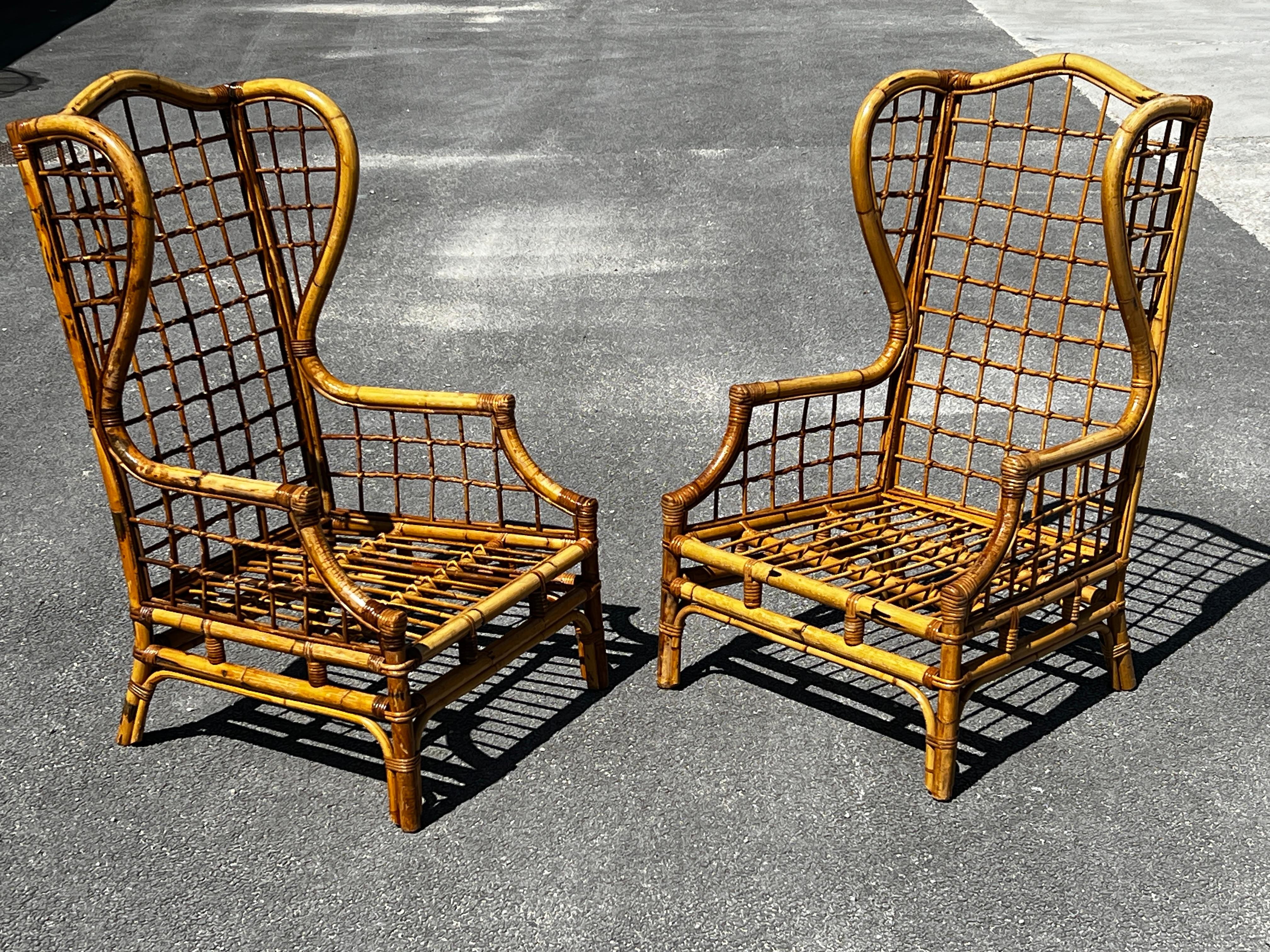 Mid-20th Century Pair of 2 vintage bamboo armchairs with ears  Circa 1960