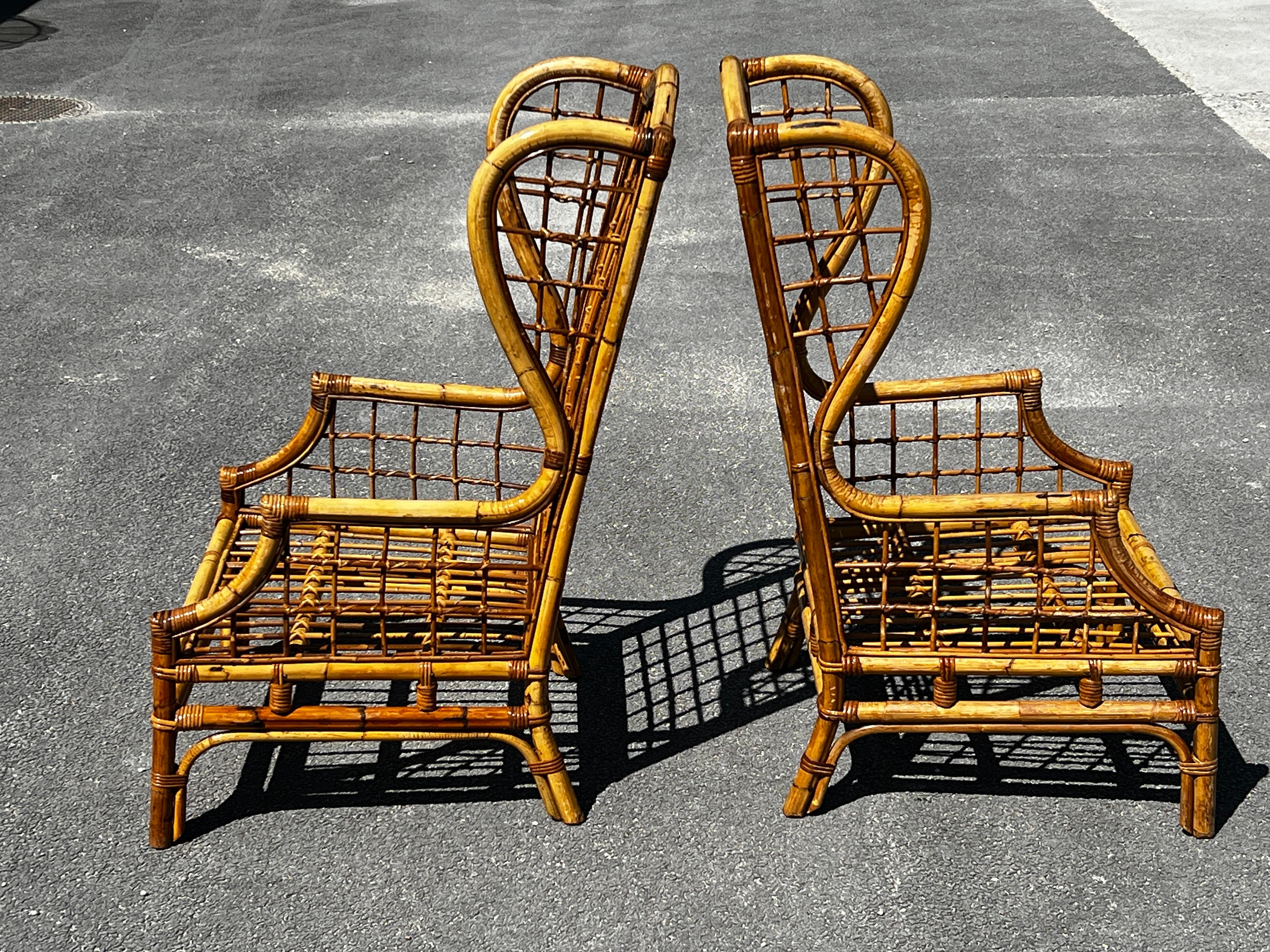Fabric Pair of 2 vintage bamboo armchairs with ears  Circa 1960