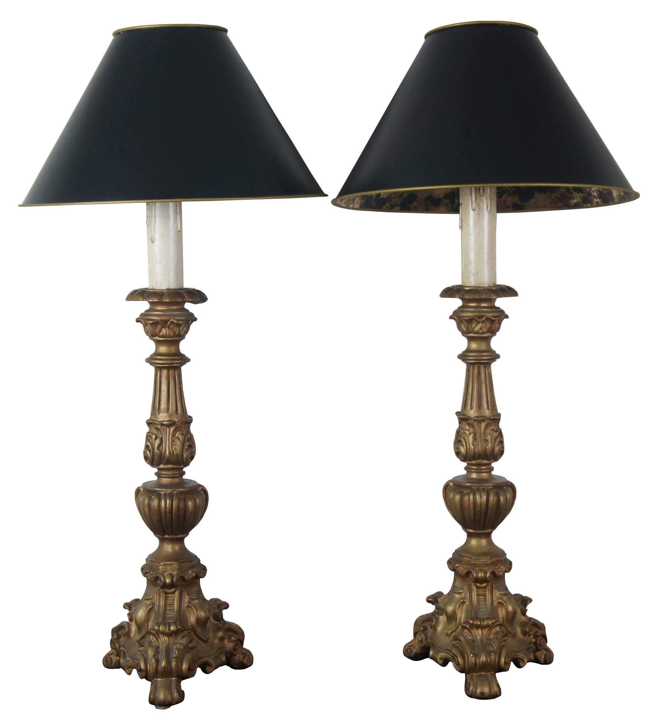 Pair of 2 Vintage Baroque Alter Candlestick Table Lamps with Black Foiled Shades In Good Condition In Dayton, OH