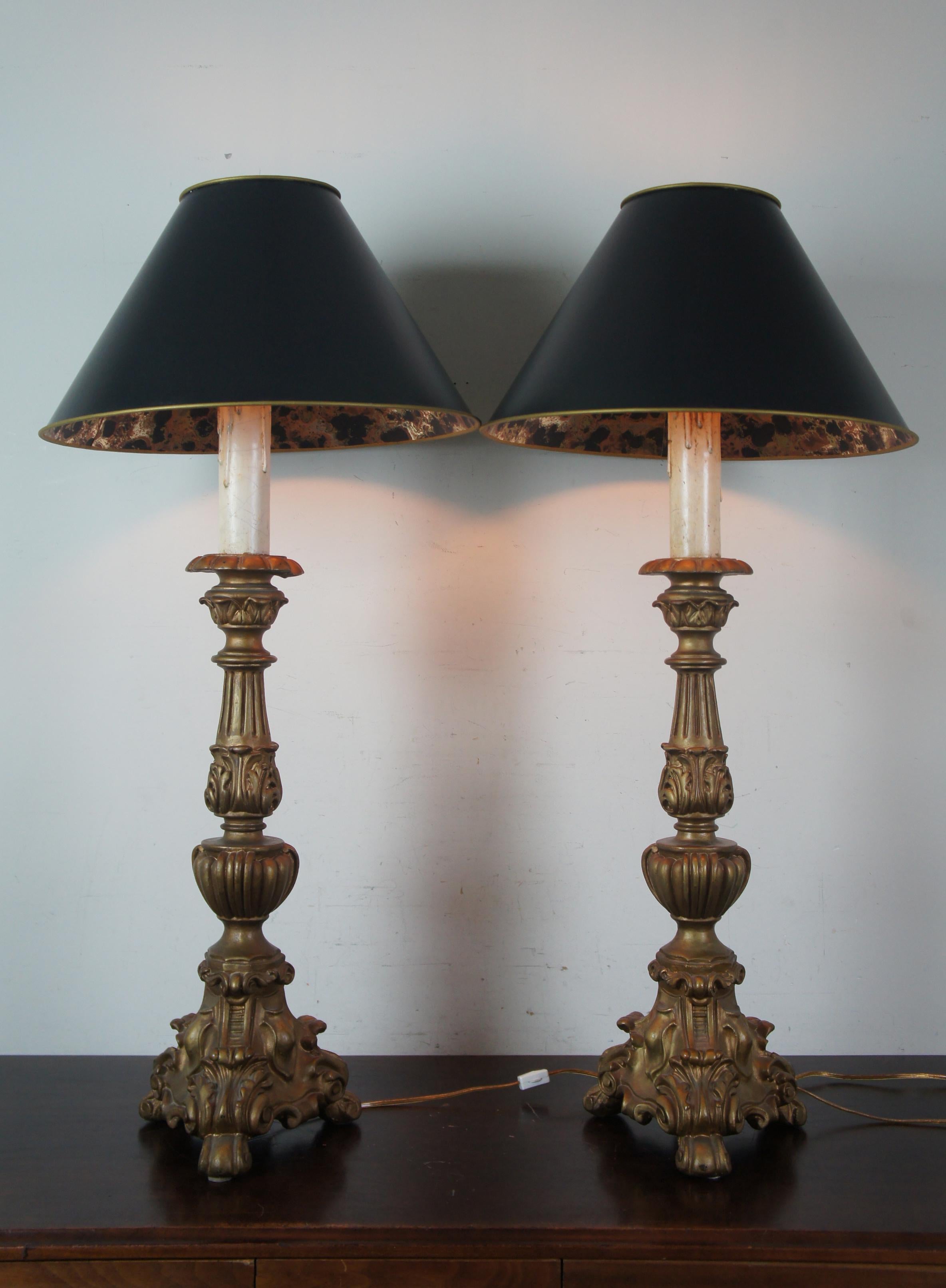 20th Century Pair of 2 Vintage Baroque Alter Candlestick Table Lamps with Black Foiled Shades