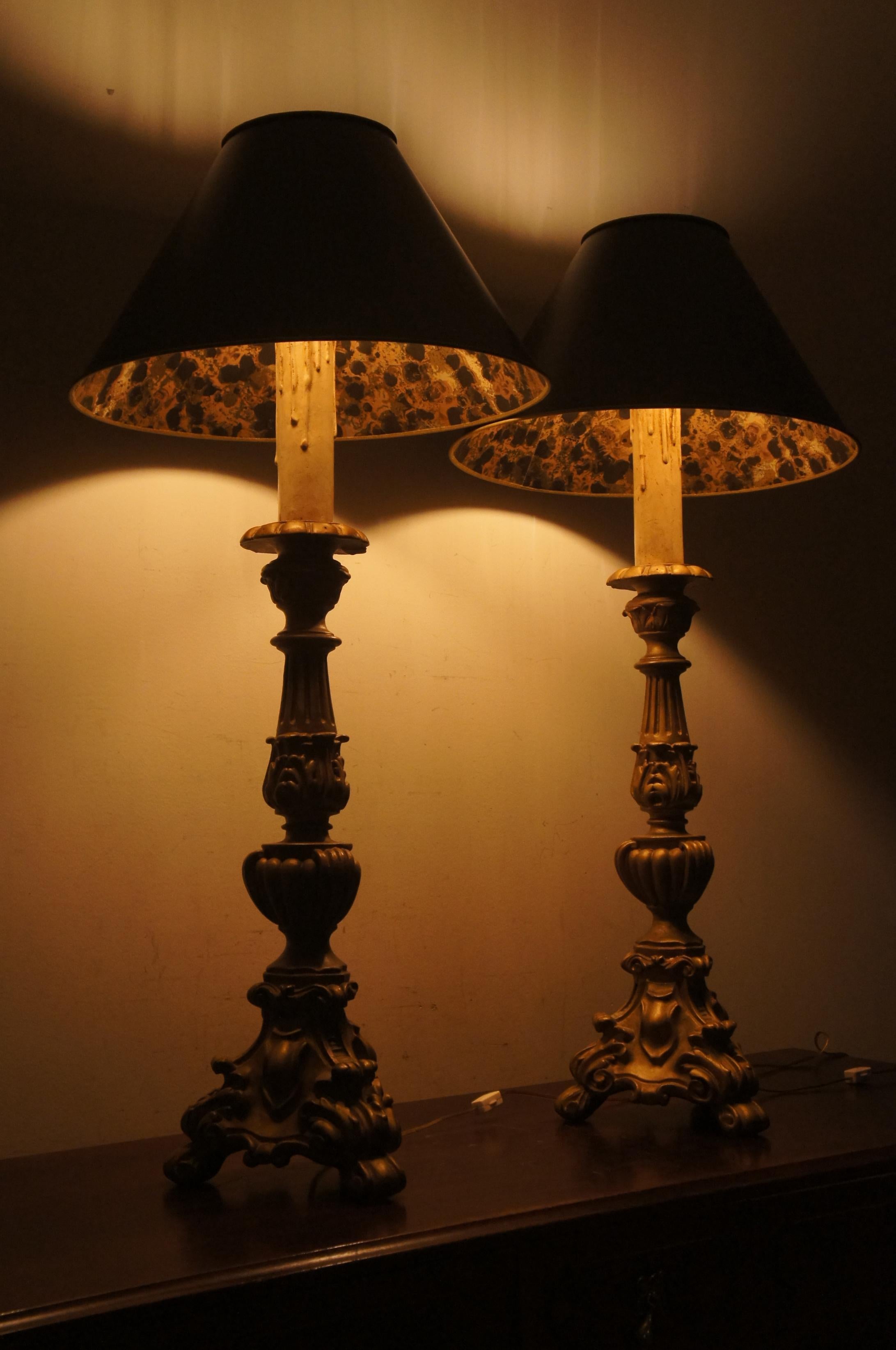 Composition Pair of 2 Vintage Baroque Alter Candlestick Table Lamps with Black Foiled Shades