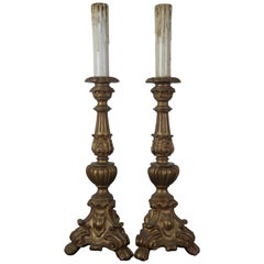 Pair of 2 Vintage Baroque Alter Candlestick Table Lamps with Black Foiled Shades