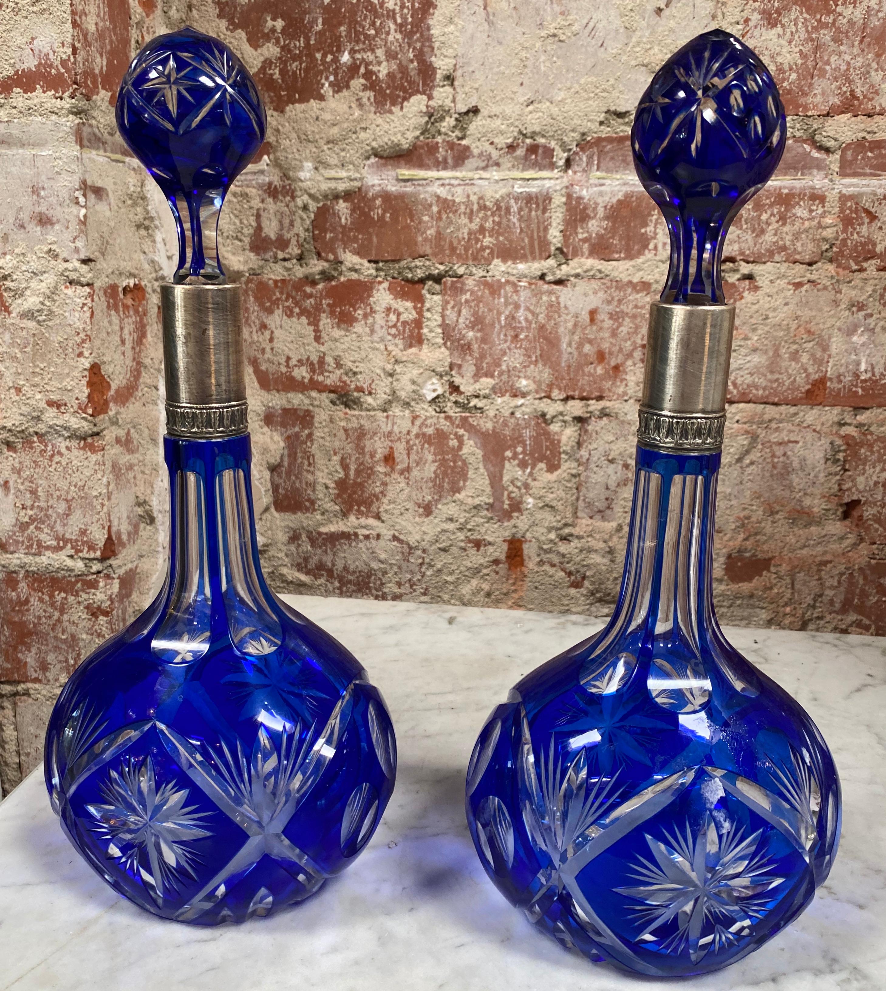 Stunning pair of two vintage bottel with art glass and silver top made in Italy, 1970s.