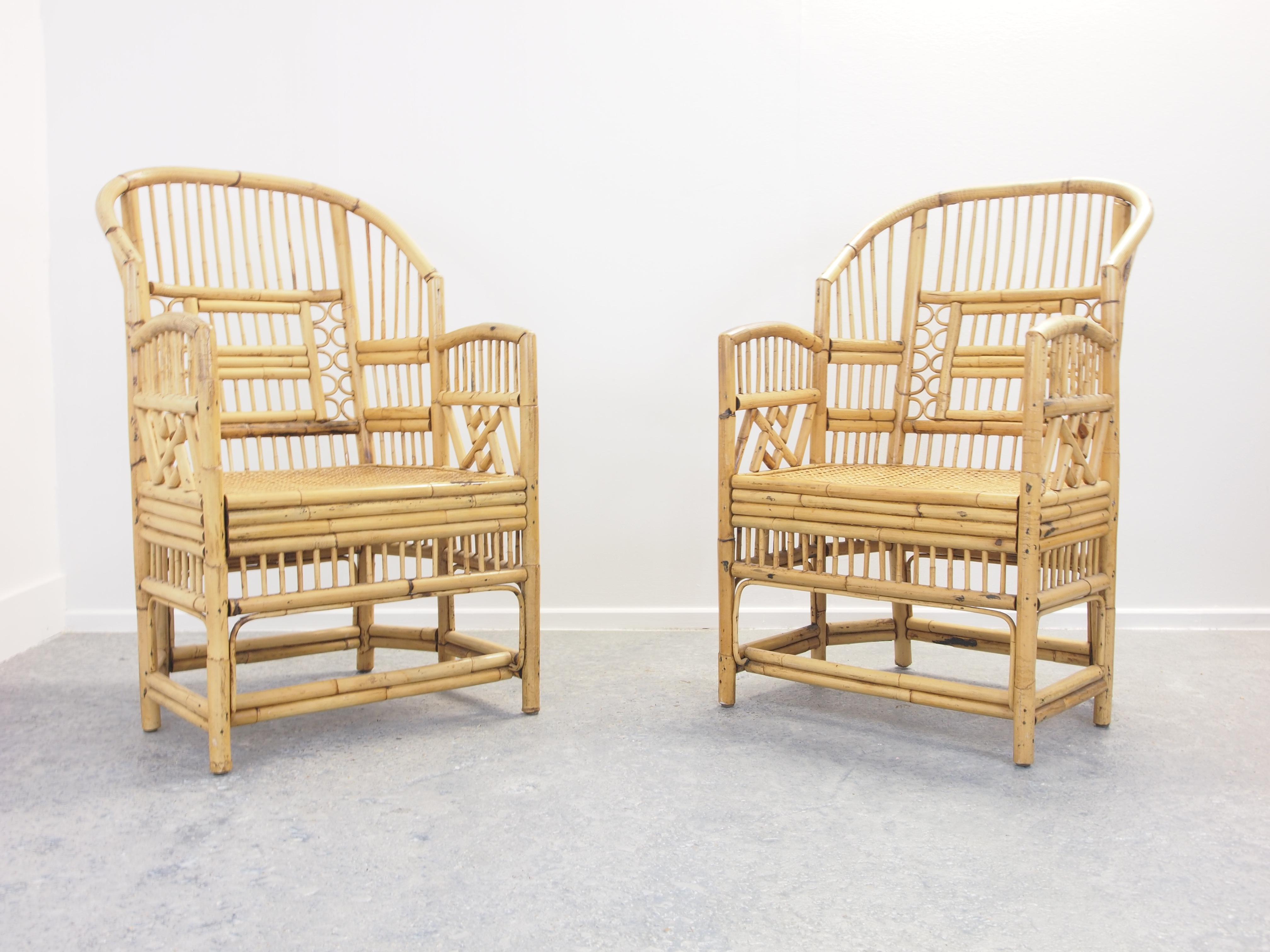 Pair of 2 Vintage Chinese Chippendale/Brighton Pavilion Rattan Chairs (20. Jahrhundert)