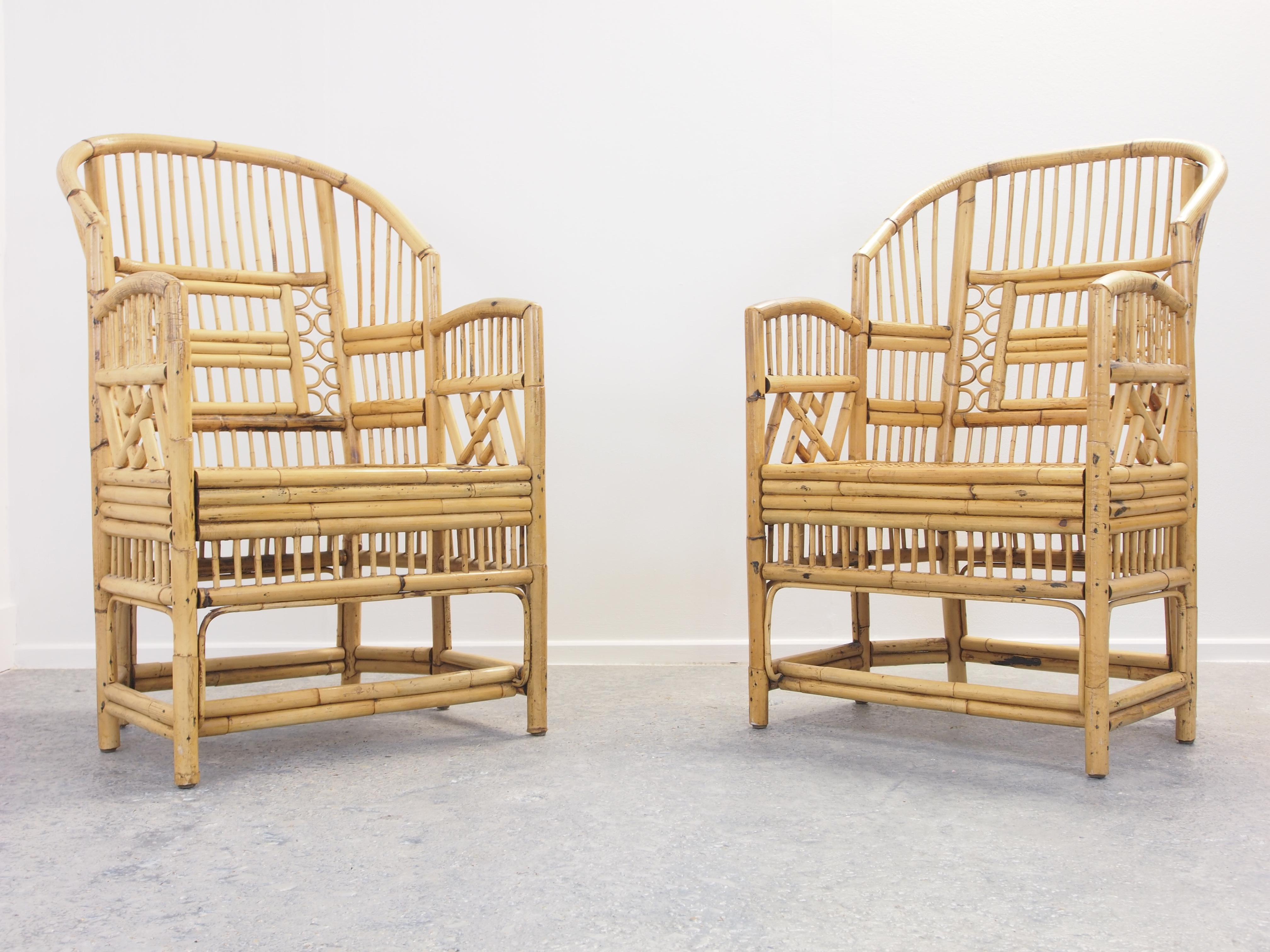 Pair of 2 Vintage Chinese Chippendale/Brighton Pavilion Rattan Chairs (Korbweide)