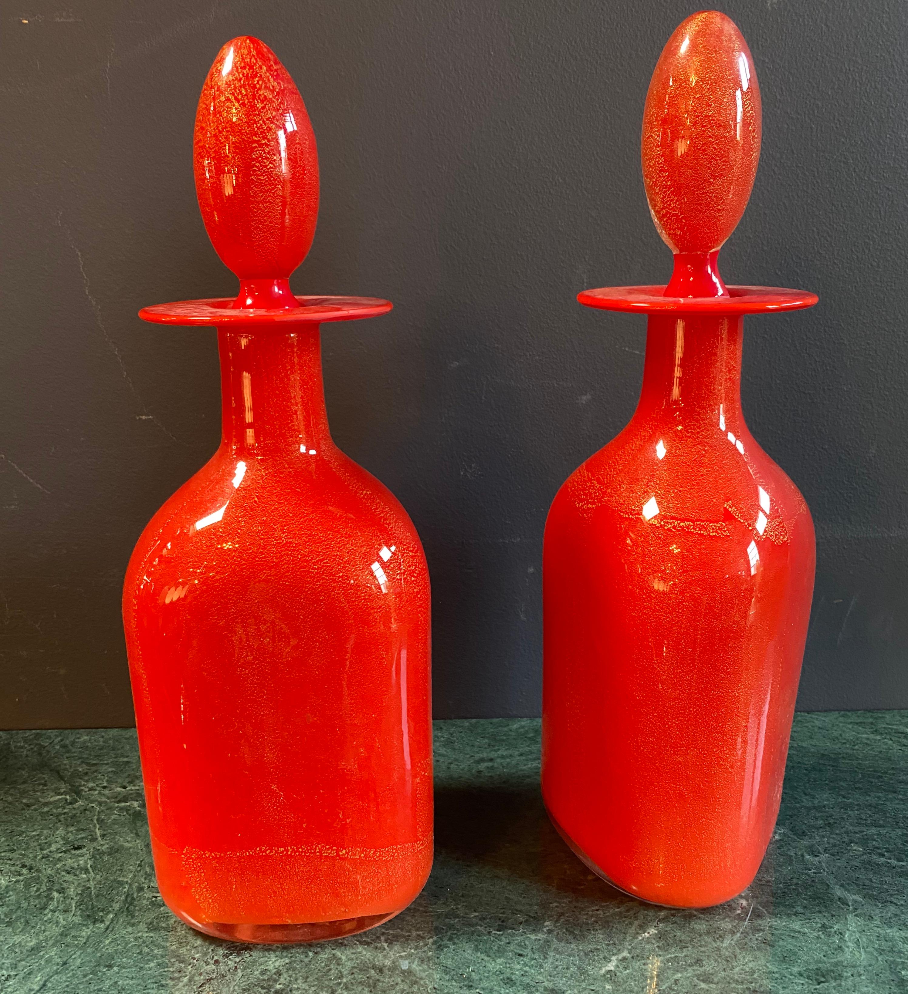 Pair of 2 Italian red glass bottle/decanters. 
 