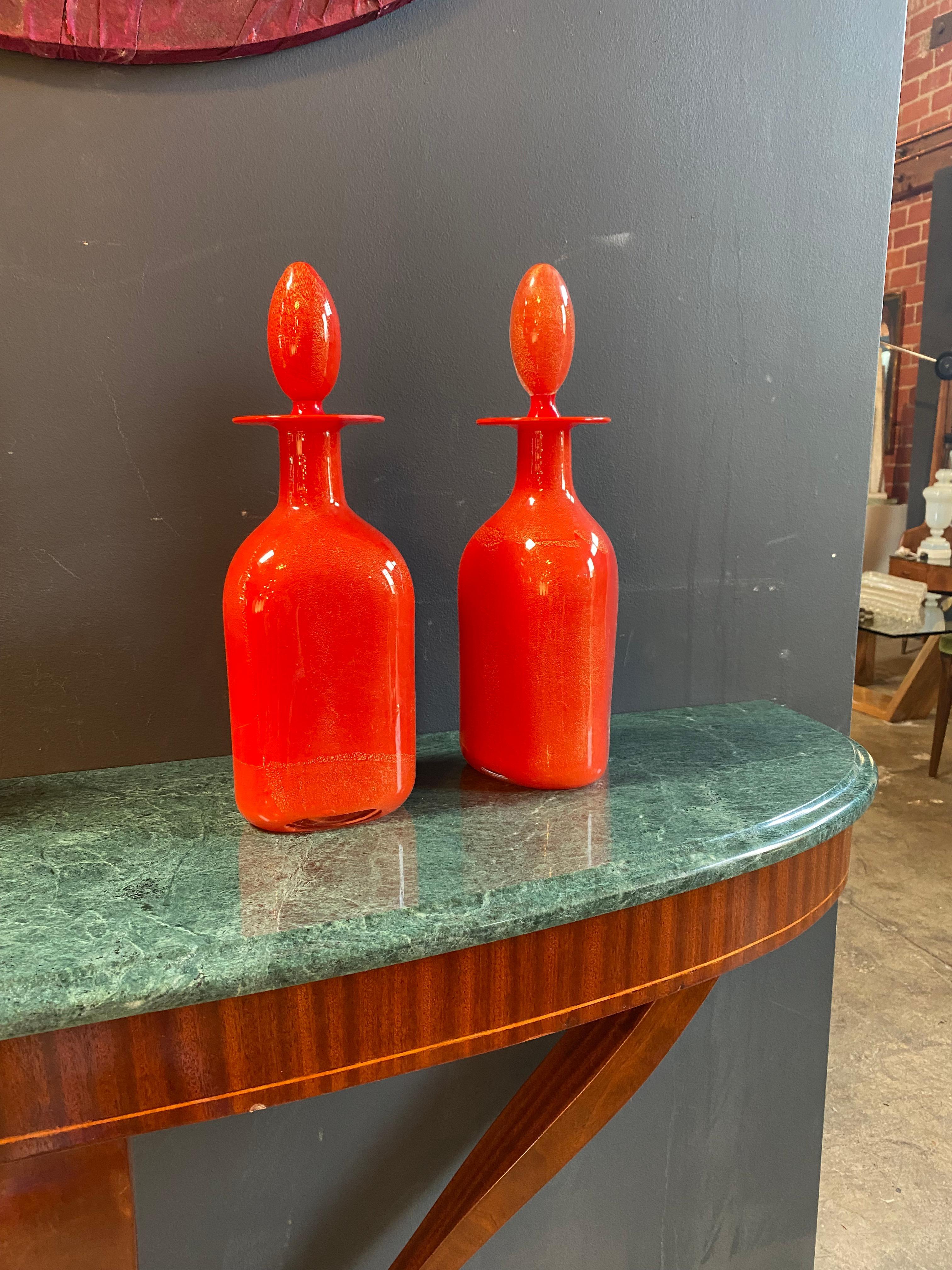 Italian Pair of 2 Vintage Glass Red Decanters, 1960s For Sale