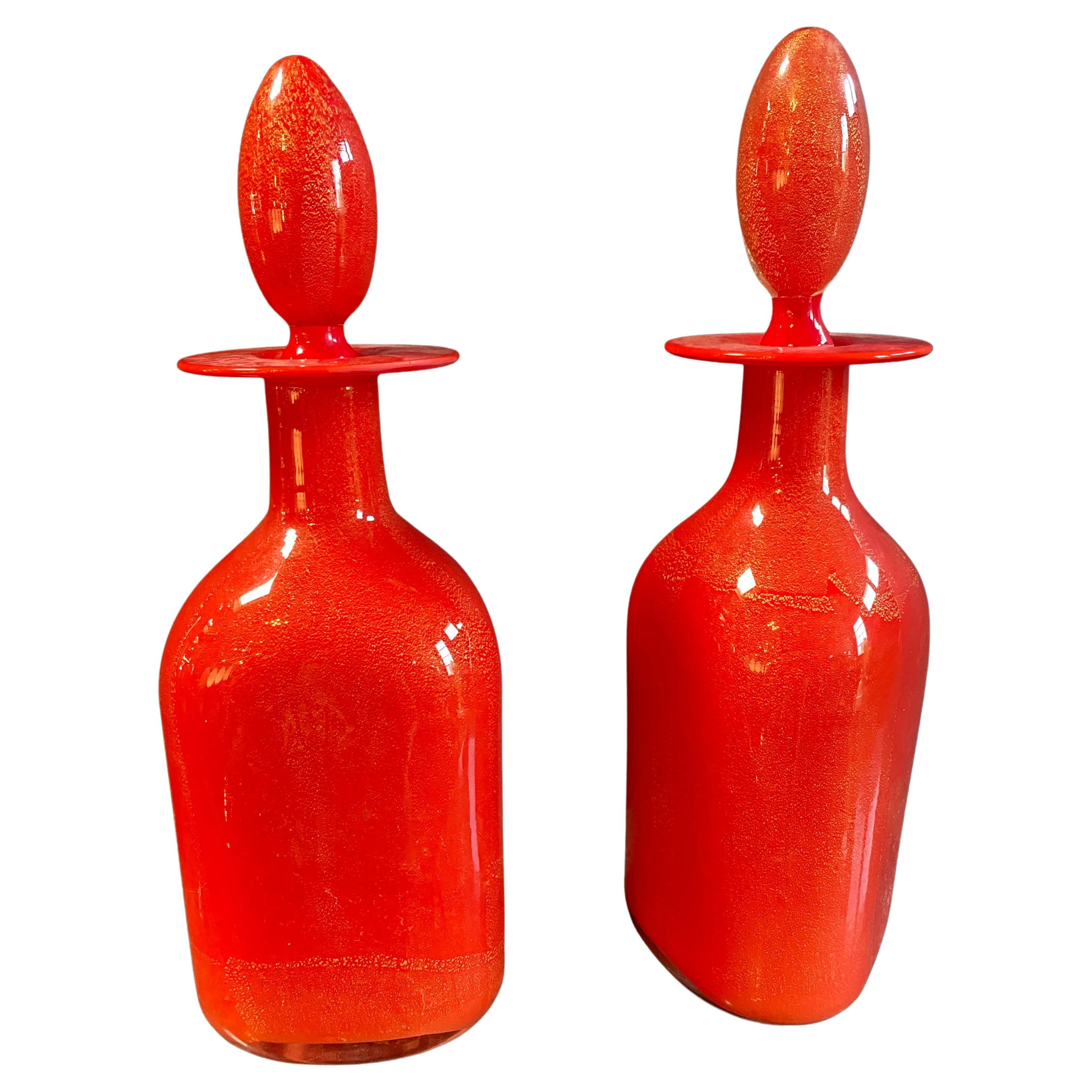 Pair of 2 Vintage Glass Red Decanters, 1960s For Sale