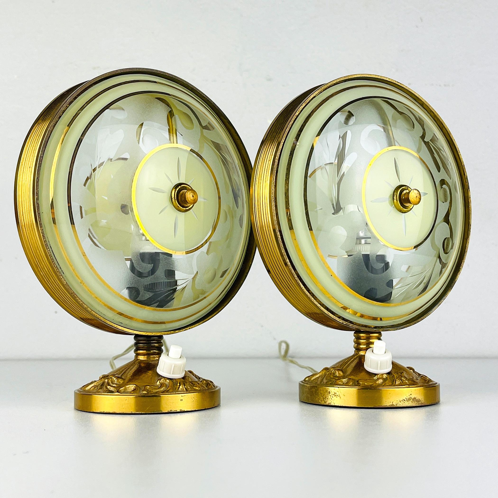The pair of charming table lamps made in Italy in the 50s. Their beautiful color and light patina give them grace and charm. These table lamps will fit in the bedroom, nursery, and living room. Requires standard E14 bulbs. Bulbs are not included.