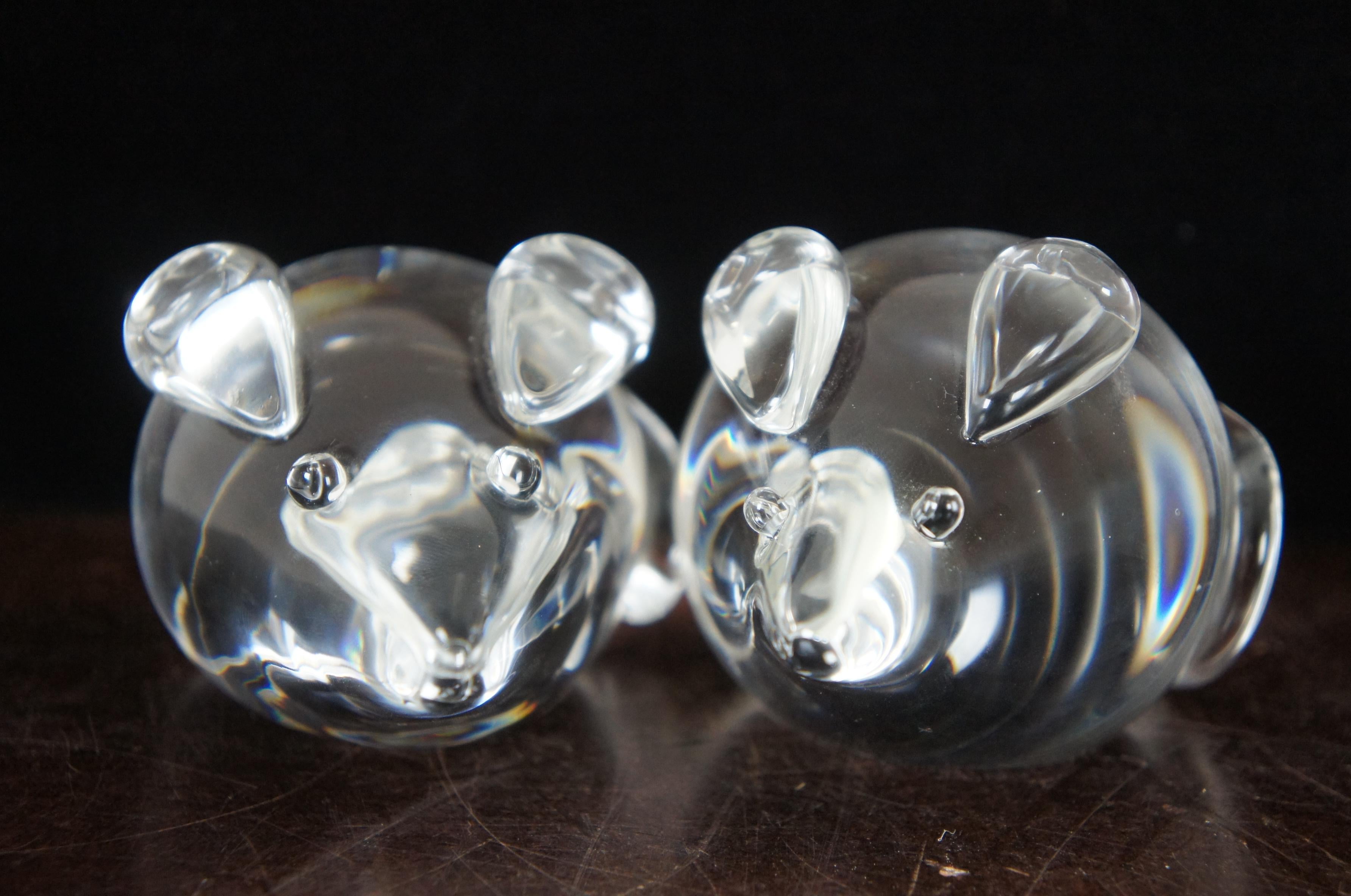 Expressionist Pair of 2 Vintage Steuben Glass Crystal Mice Mouse Figurines Paperweights