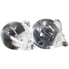 Pair of 2 Vintage Steuben Glass Crystal Mice Mouse Figurines Paperweights