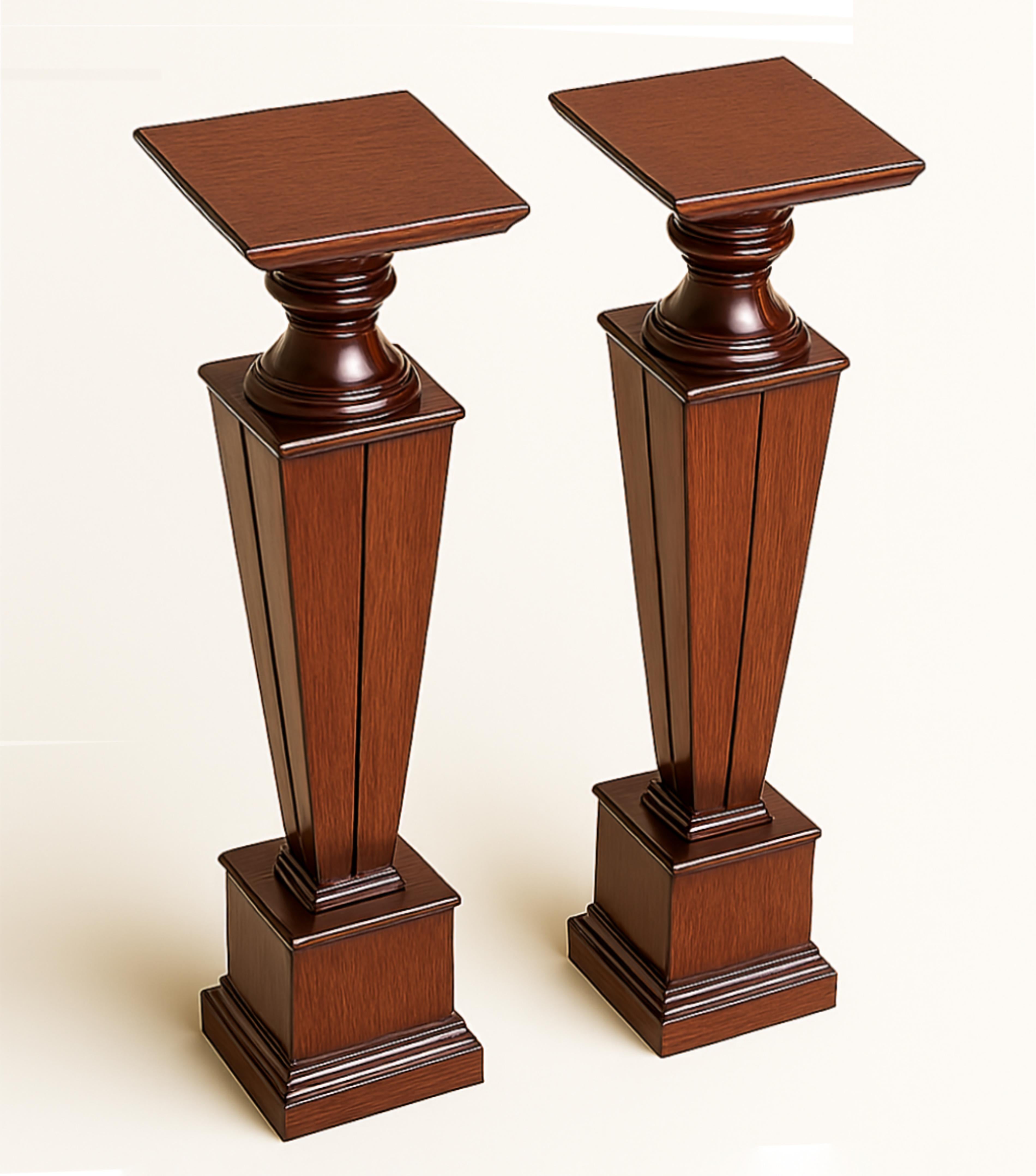 Paire de deux colonnes de piédestal Art déco en noyer avec un riche vernis idéal pour un espace très élégant, un peu d'élégance pour n'importe quel espace modéré.