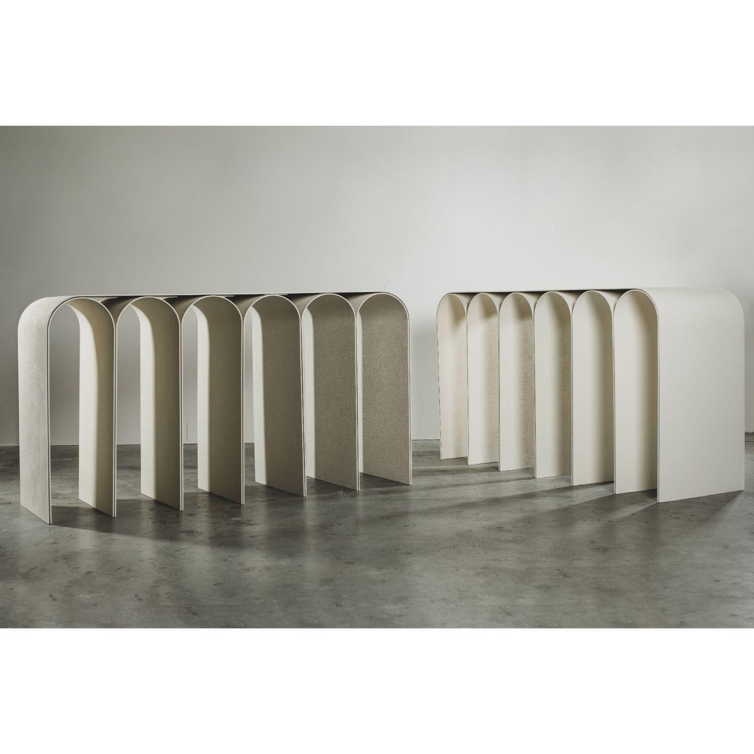 Pair of 2 white arch console by Pietro Franceschini
Sold exclusively by Galerie Philia
Dimensions: W 150 x L 47 x H 83 cm
Materials: Aluminium, white plaster

Made to order dimensions can be ordered.

Available finishes:
Steel (black, white, brass
