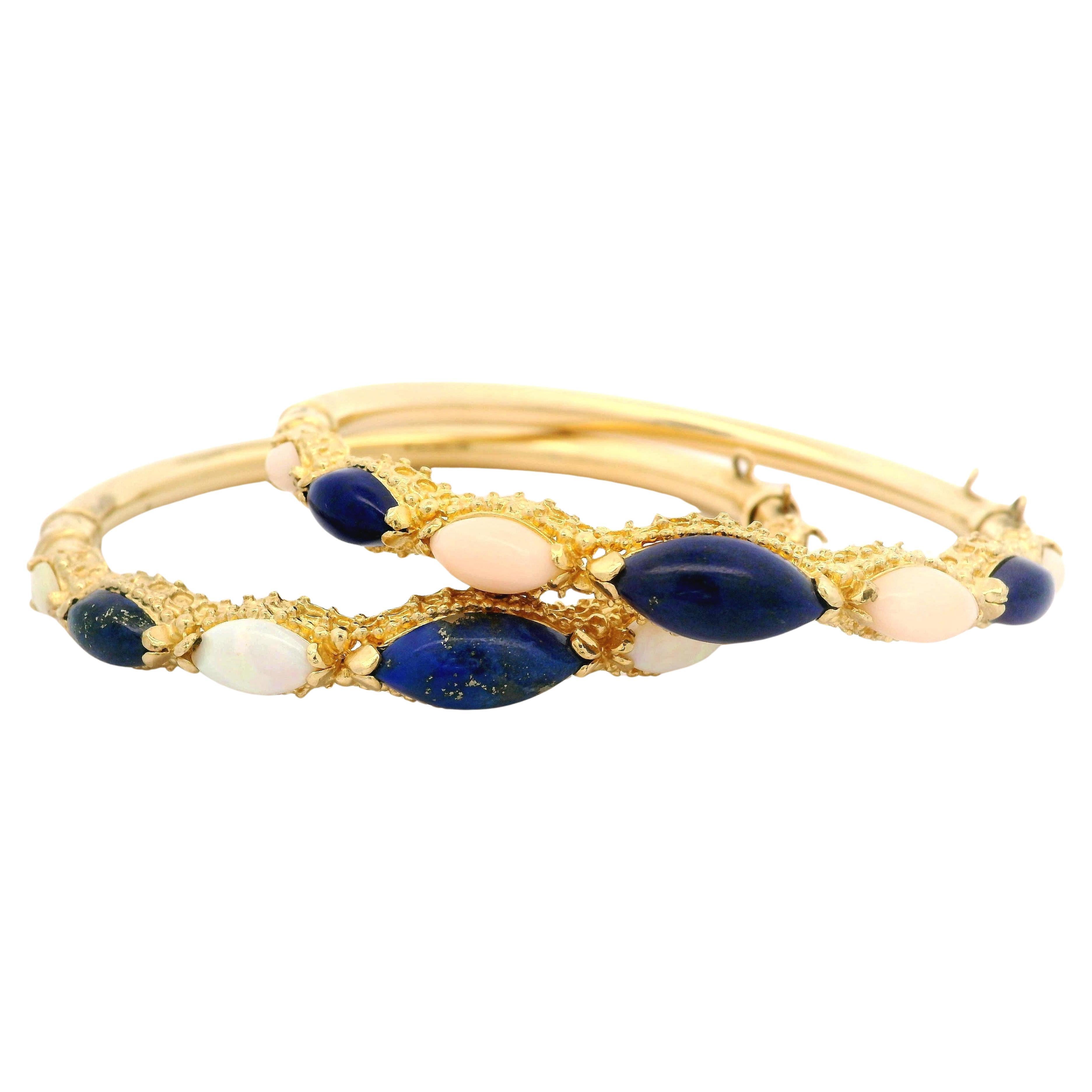 Pair of 2 Yellow Gold Cabochon Lapis Coral & Opal Hinged Bangle Bracelets Set