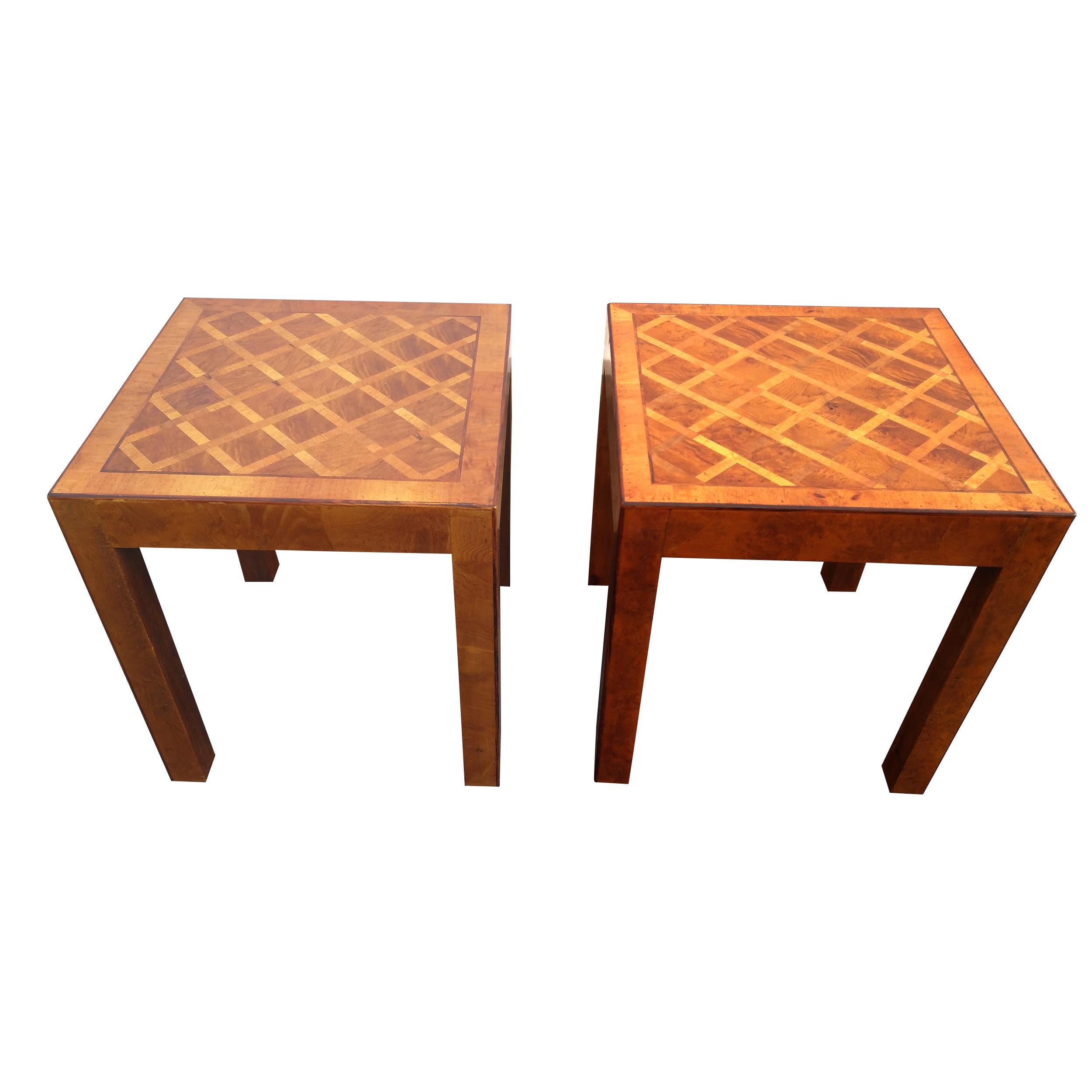 Pair of 20? Italian Parquetry side tables

End tables with parquet pattern tops with rich burl aprons and legs.
Tables are stamped made in Italy.