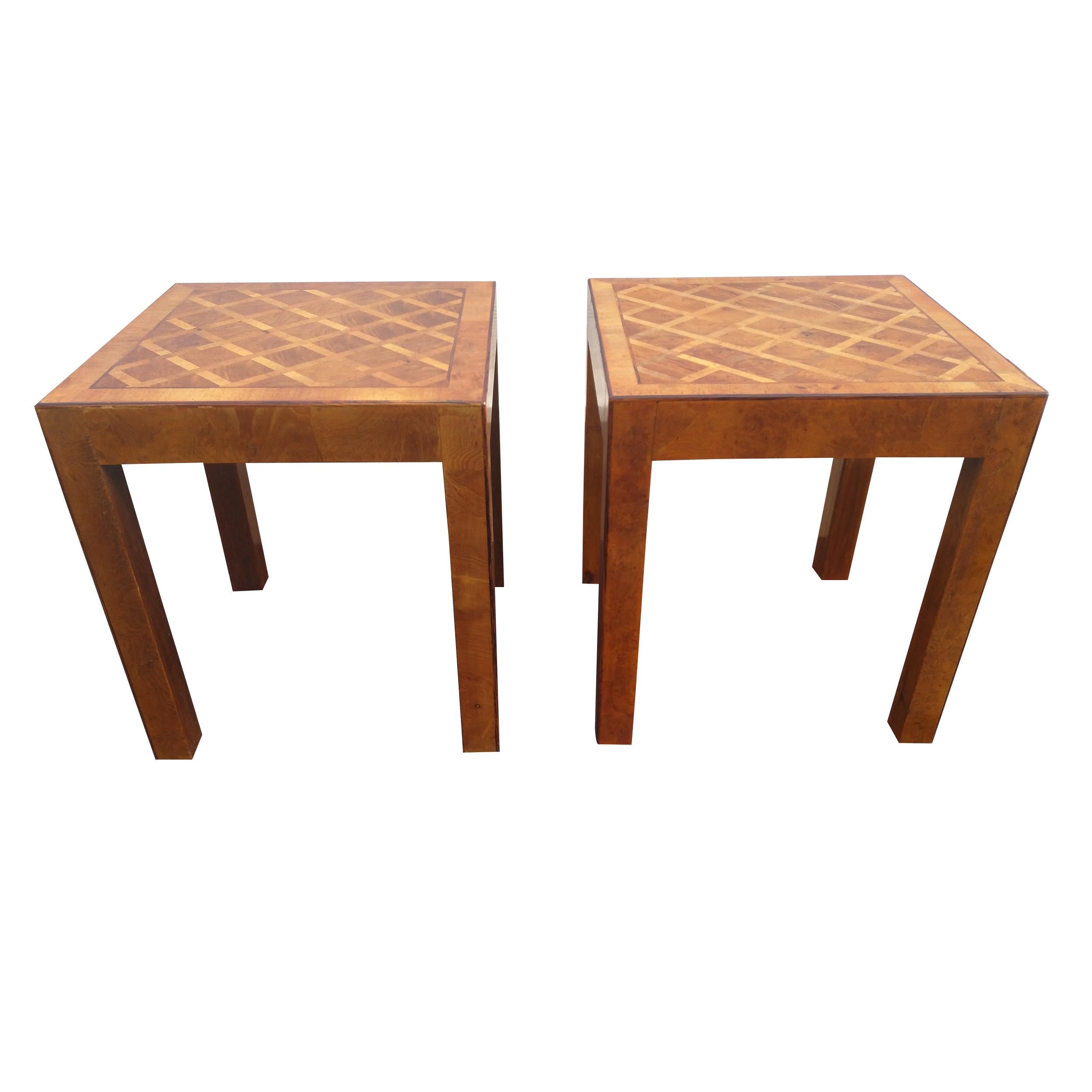 Mid-Century Modern Pair of Italian Parquetry Burl Parson Side Tables For Sale
