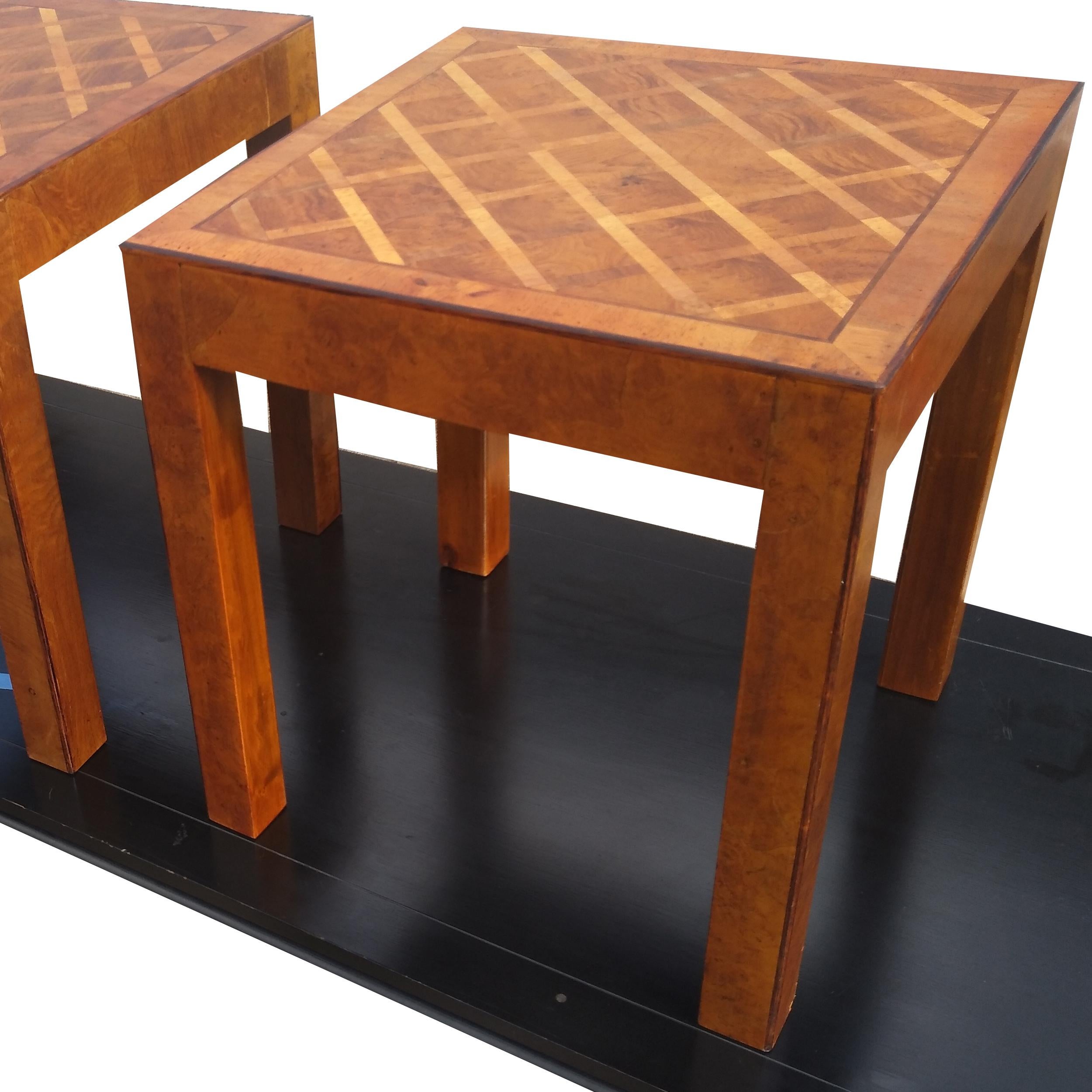 20th Century Pair of Italian Parquetry Burl Parson Side Tables For Sale