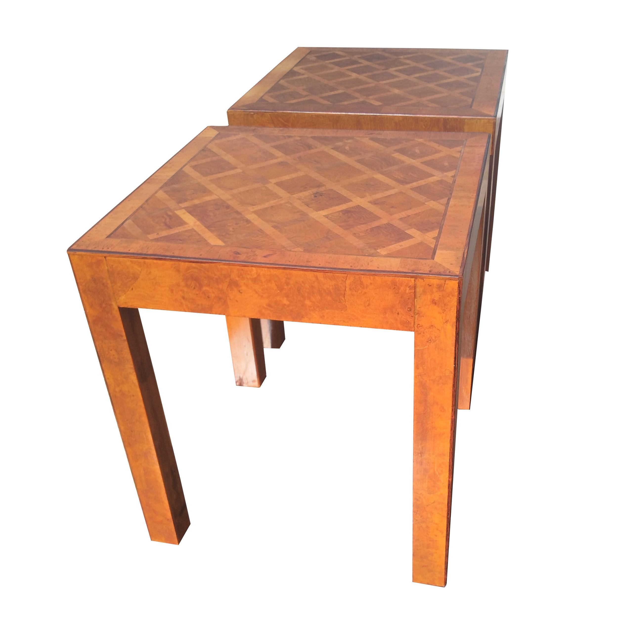 Wood Pair of Italian Parquetry Burl Parson Side Tables For Sale