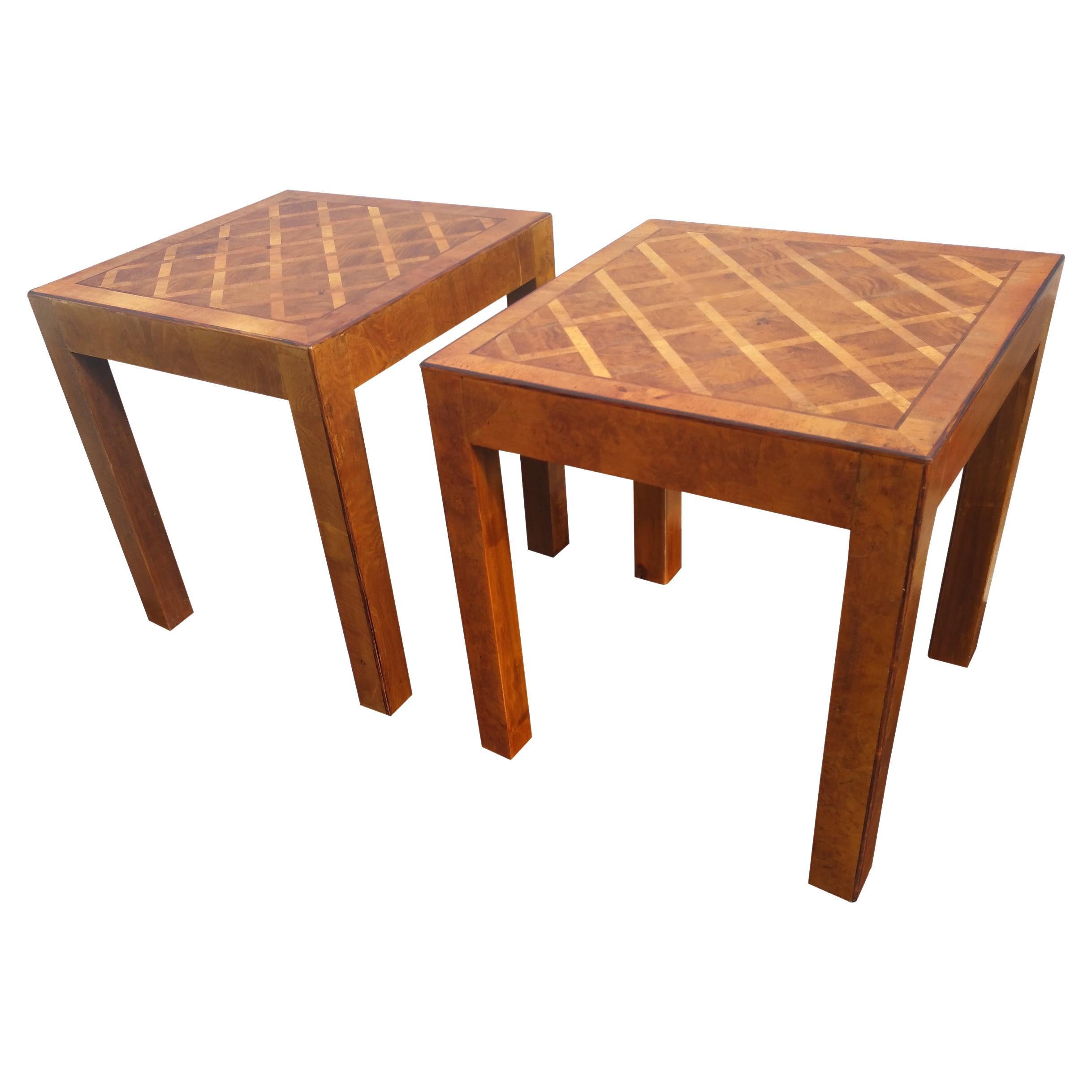 Pair of Italian Parquetry Burl Parson Side Tables For Sale