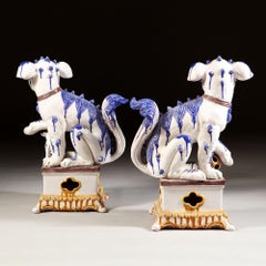 Pair of French Pottery Dogs of Fo in Blue and White Glaze, Probably Samson