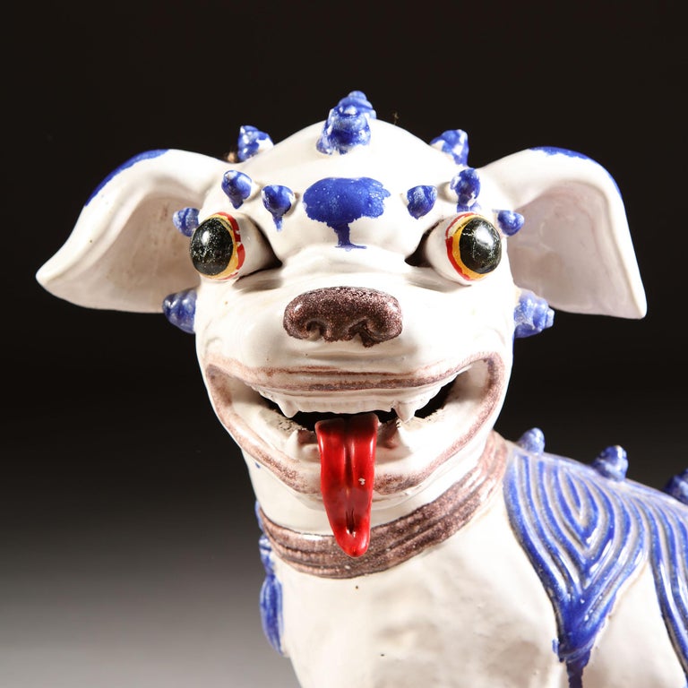 Pair of French Pottery Dogs of Fo in Blue and White Glaze, Probably ...