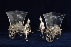 Pair of 20th C French Silvered Bronze and Crystal Centerpieces/Vases/Planters