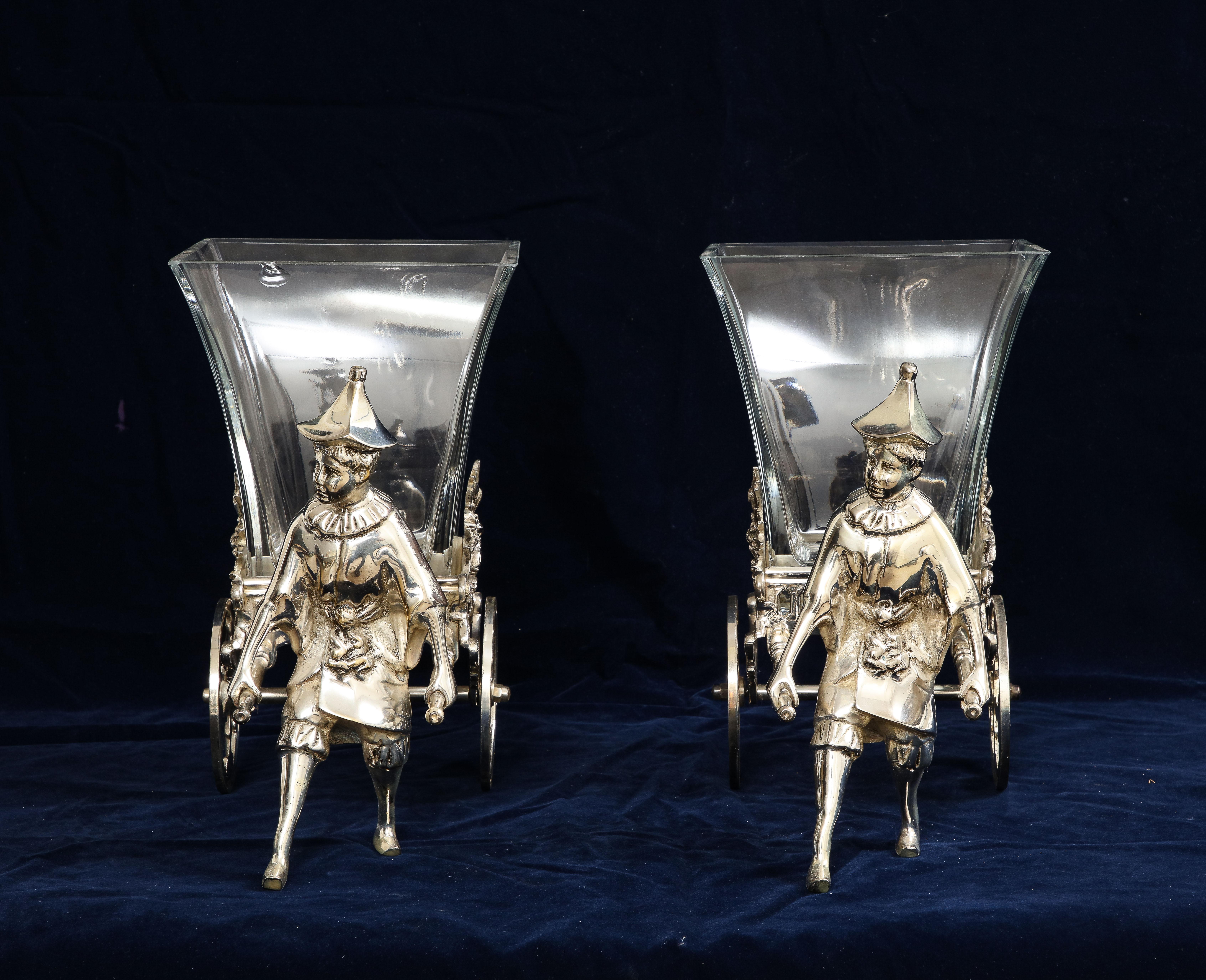 Pair of 20th C French Silvered Bronze and Crystal Centerpieces/Vases/Planters For Sale 1