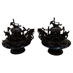 Pair of 20th C. Heavily Cast Compressed Globular Body Peruvian Incense Burner