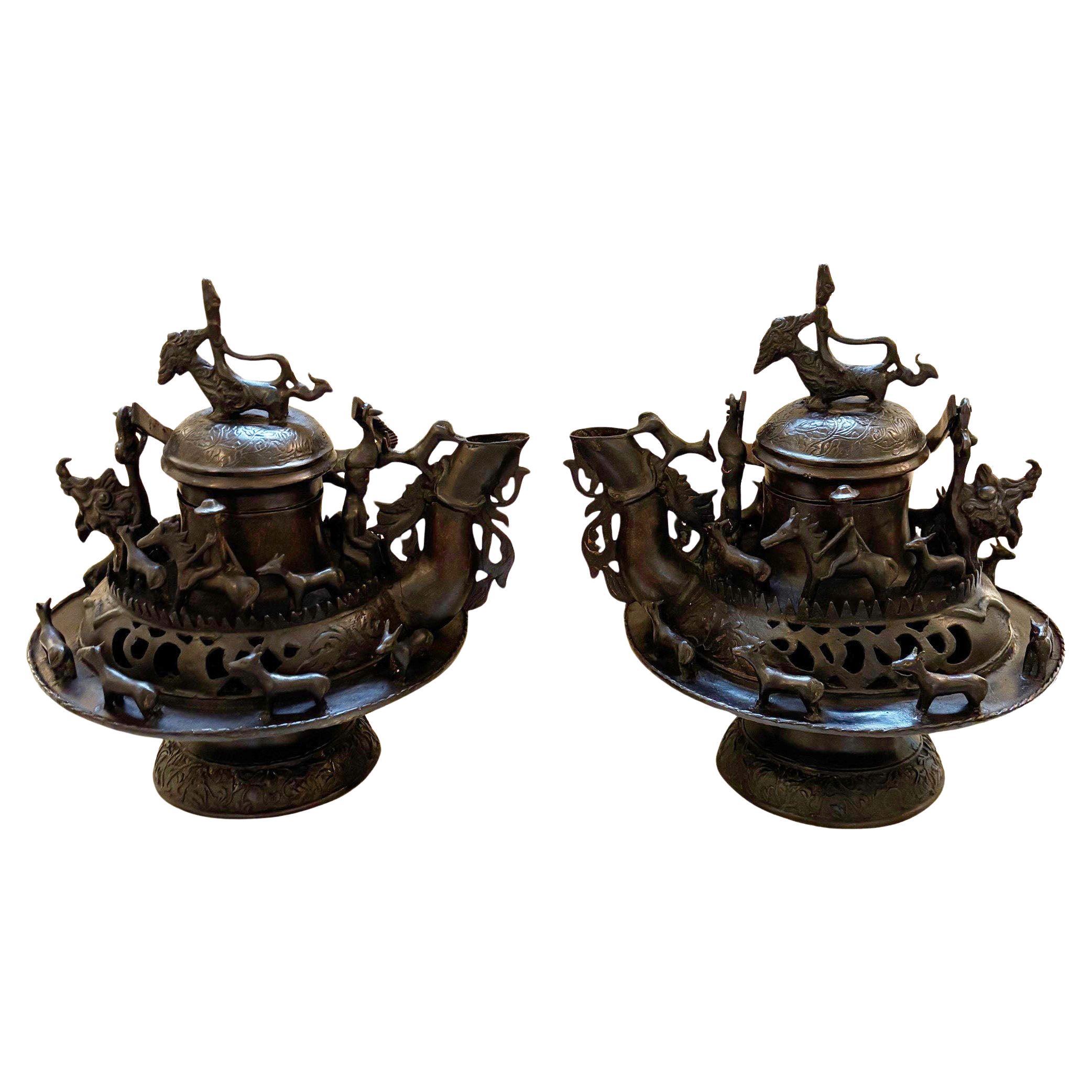 Pair of 20th C. Heavily Cast Compressed Globular Body Peruvian Incense Burner en venta