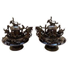 Pair of 20th C. Heavily Cast Compressed Globular Body Peruvian Incense Burner