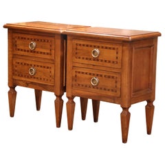 Pair of 20th C. Louis XVI Style Inlaid Walnut Nightstands with Parquetry Detail