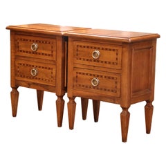 Pair of 20th C. Louis XVI Style Inlaid Walnut Nightstands with Parquetry Detail