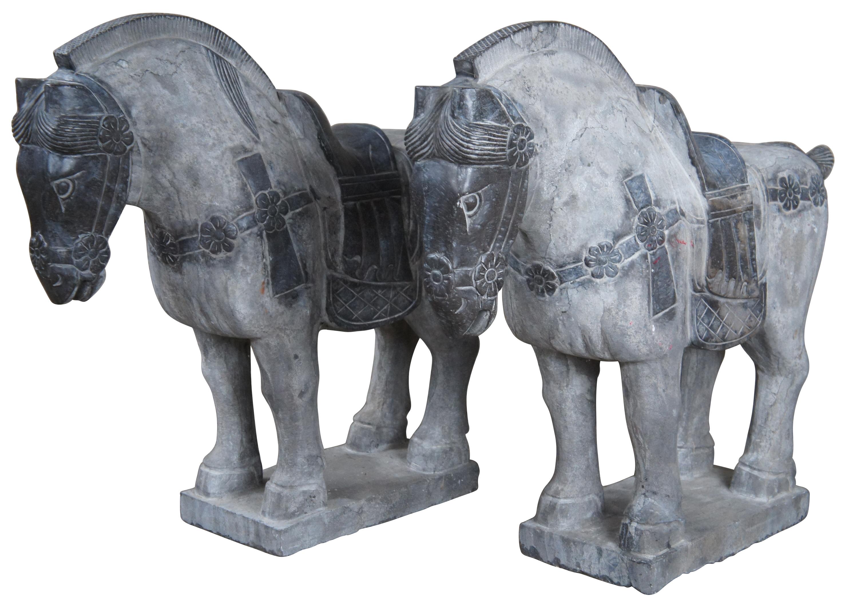 Pair of 20th C Polychrome Imperial Palace Stone Tang Horse Sculptures Statue In Good Condition For Sale In Dayton, OH