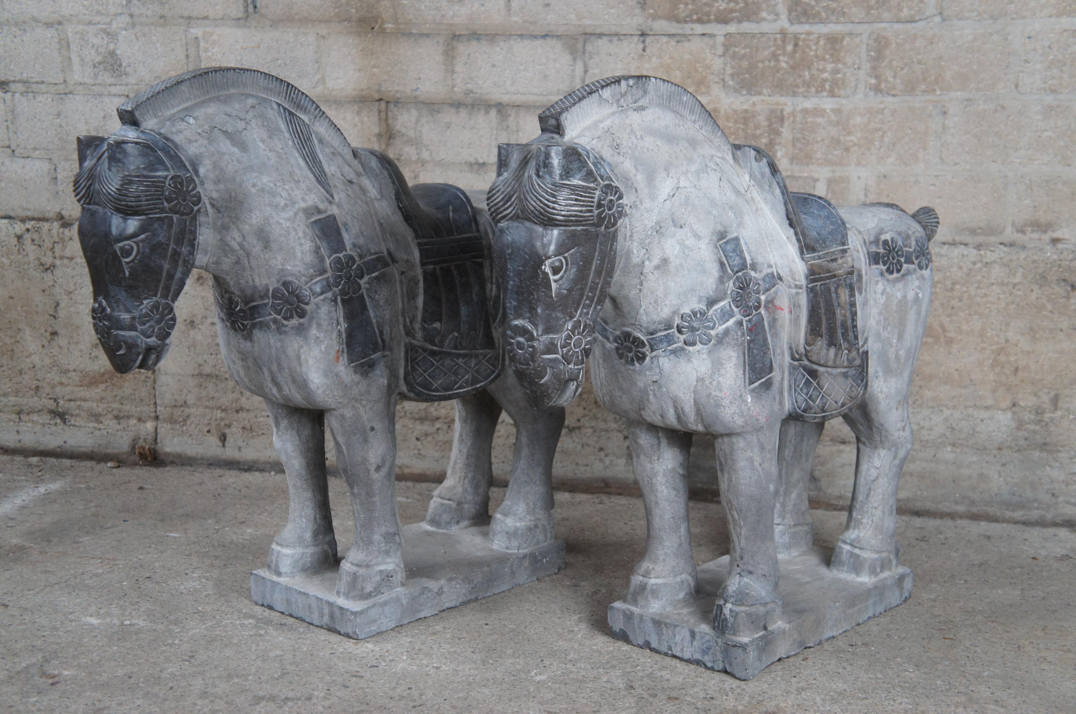 20th Century Pair of 20th C Polychrome Imperial Palace Stone Tang Horse Sculptures Statue For Sale