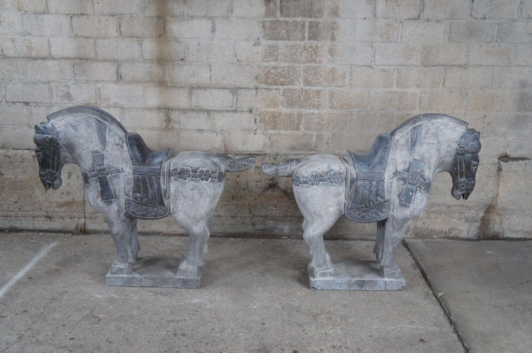 Pair of 20th C Polychrome Imperial Palace Stone Tang Horse Sculptures
