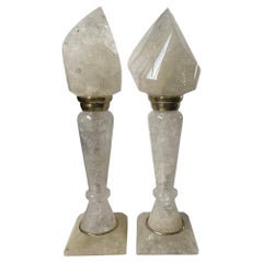 Vintage Pair of 20th C. Rock Crystal Lamps with Flame-Style Shades and Brass Details
