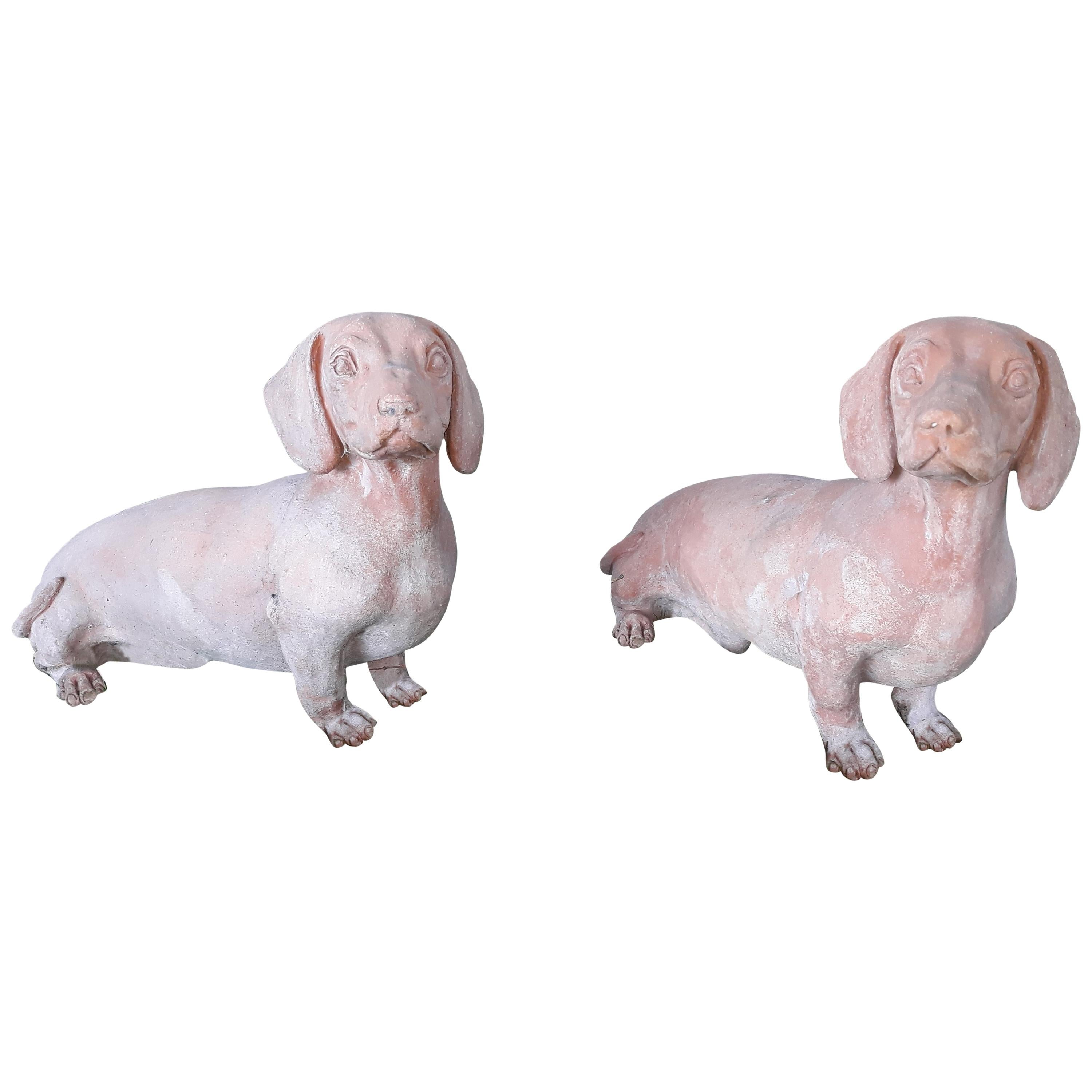 Pair of 20th Century Hand Modeled "Impruneta" Garden Decoration "Dachshund Dog"