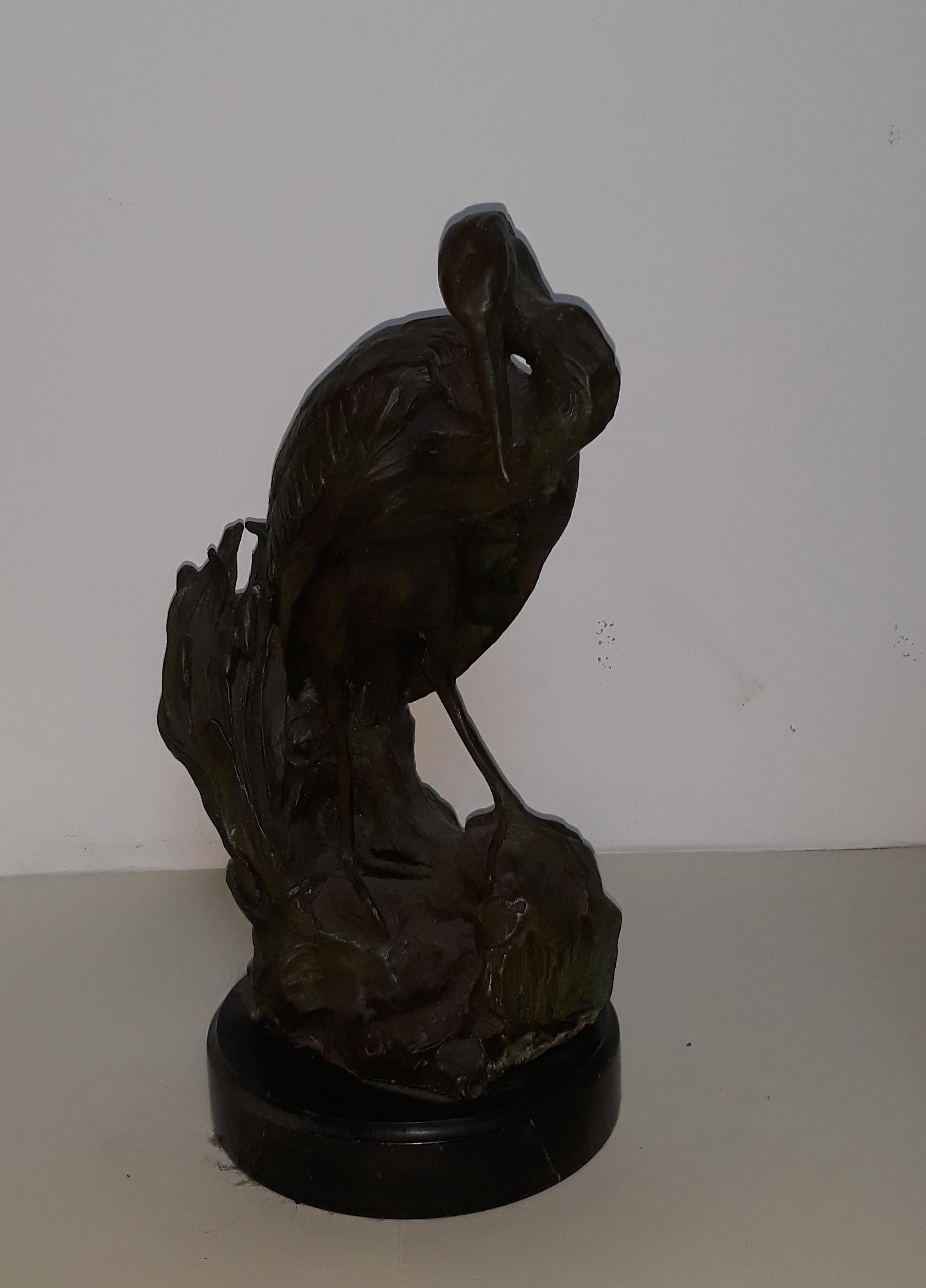 Pair of 20th century lost wax bronze gray herons, Italy Naples, 1930
1 right and 1 left, signed on base, black marble base.
Measurements:
Bigger heron: height cm 55, width cm 15, depth cm 30
Smaller heron: height cm 35, width cm 17, depth cm 17.