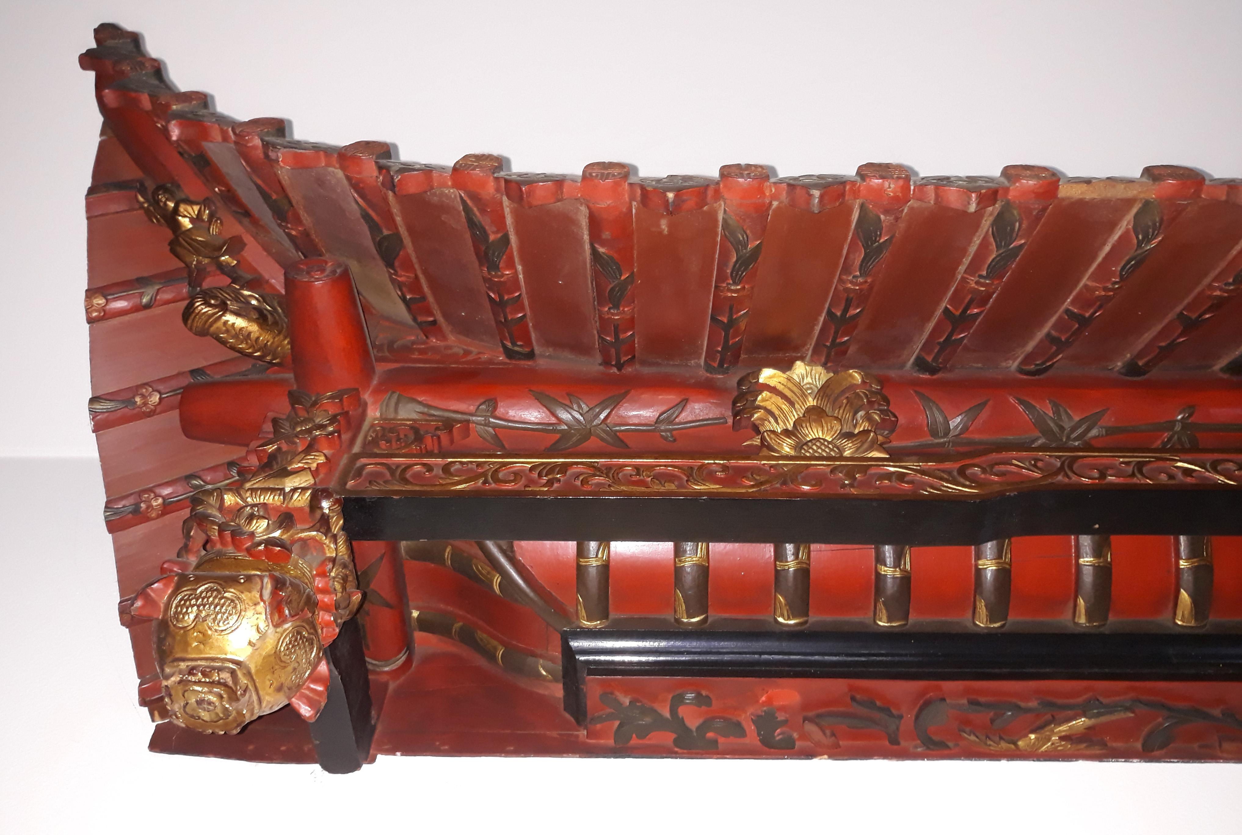 Pair of 20th Cent Pagoda Roofs, China 1908, Hand Carved, Guilted, Red Lacquer For Sale 2