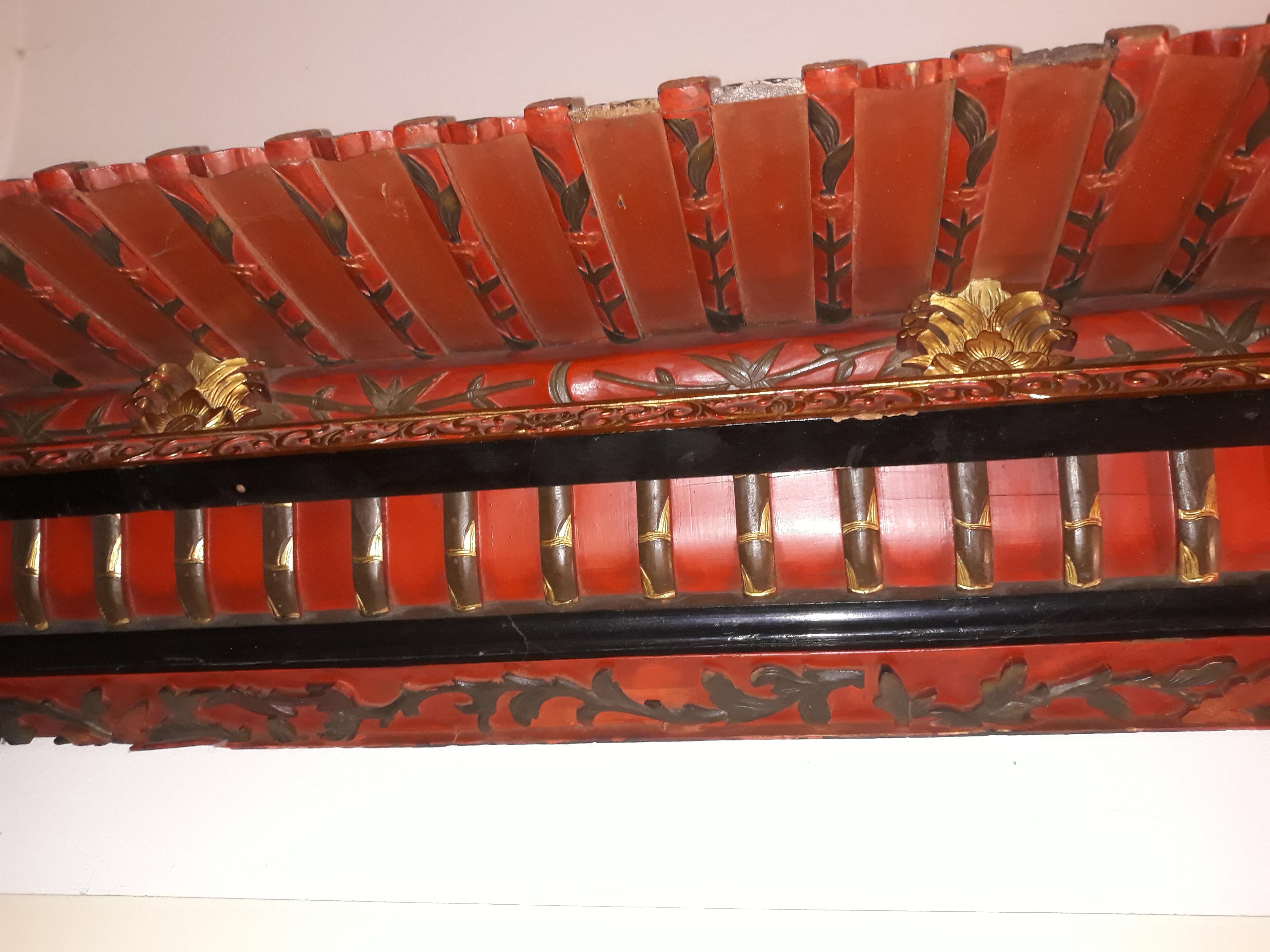 Chinoiserie Pair of 20th Cent Pagoda Roofs, China 1908, Hand Carved, Guilted, Red Lacquer For Sale