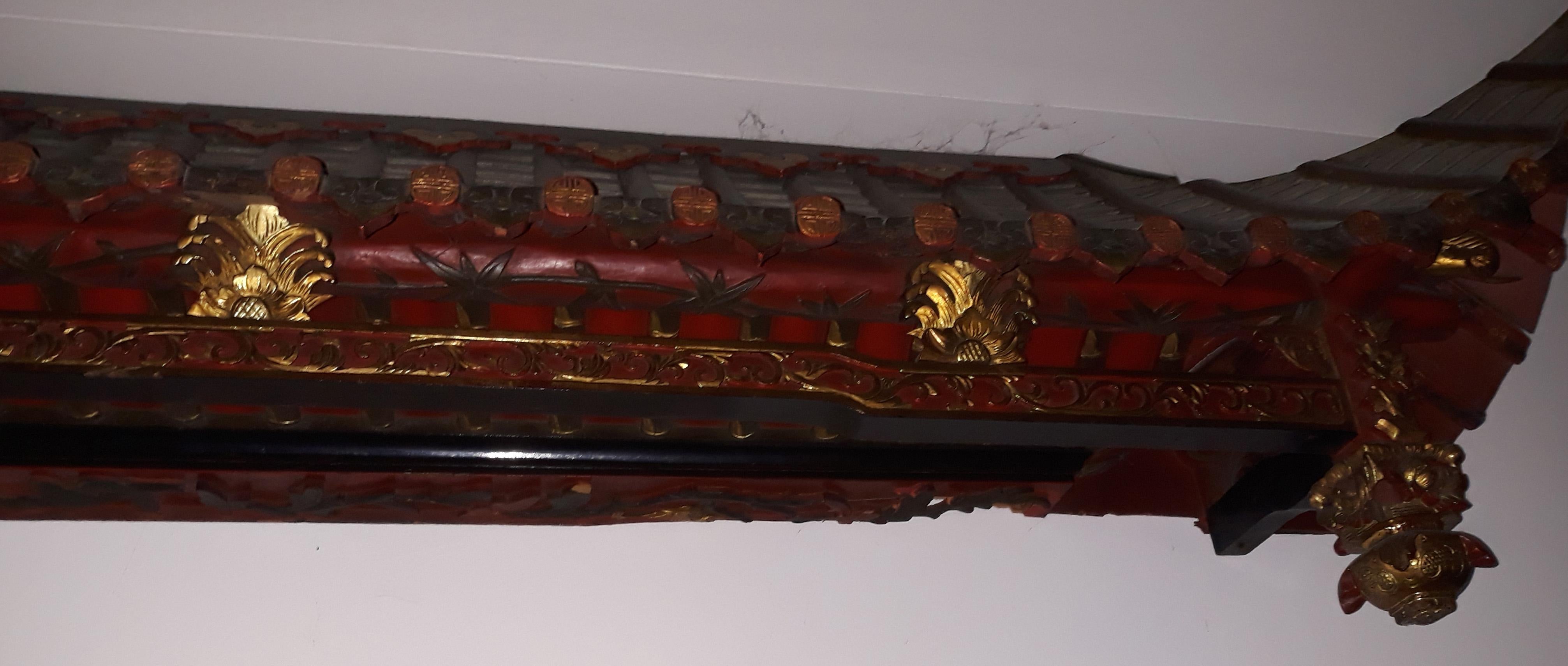 Chinese Pair of 20th Cent Pagoda Roofs, China 1908, Hand Carved, Guilted, Red Lacquer For Sale