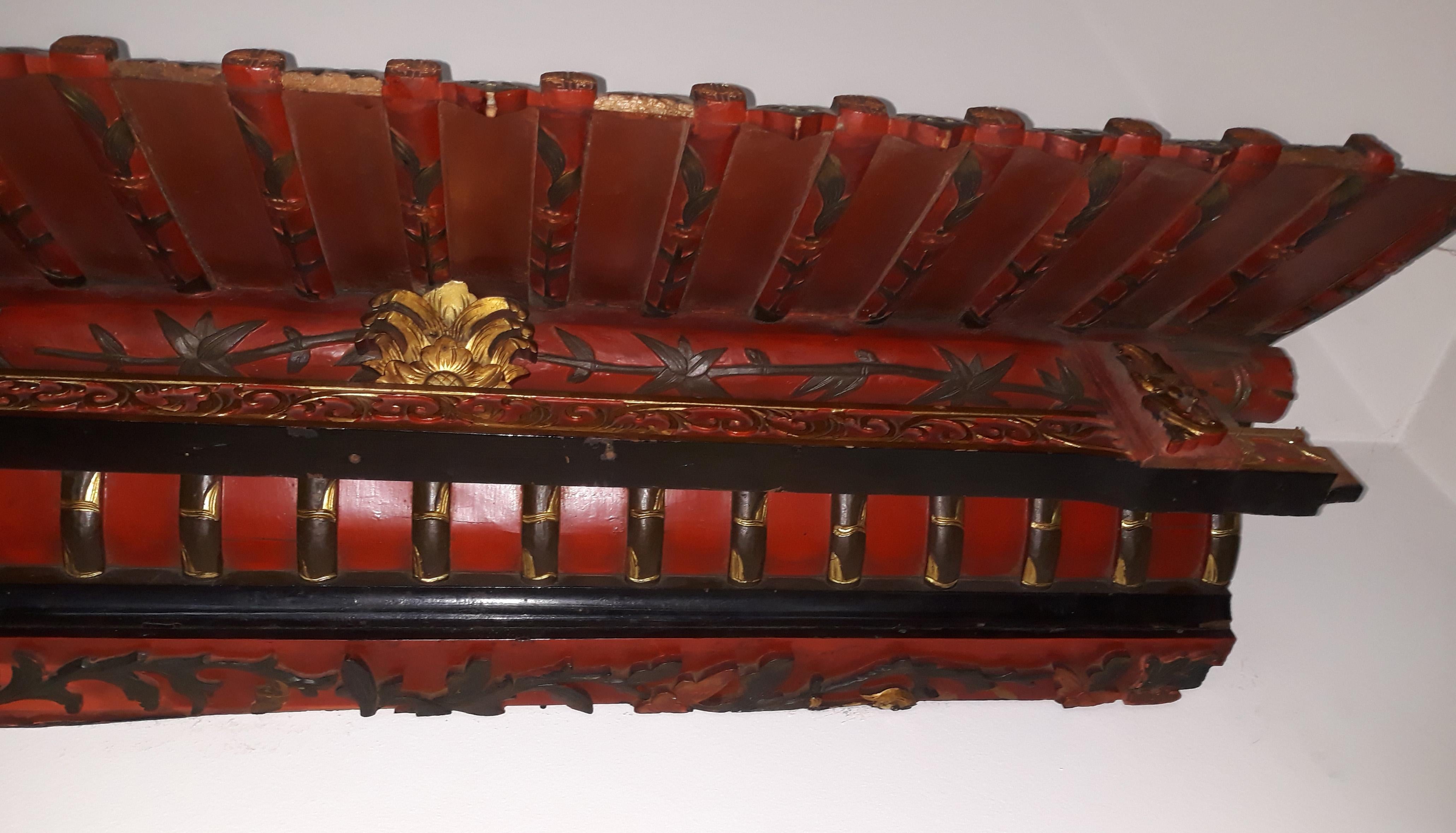 Pair of 20th Cent Pagoda Roofs, China 1908, Hand Carved, Guilted, Red Lacquer For Sale 1
