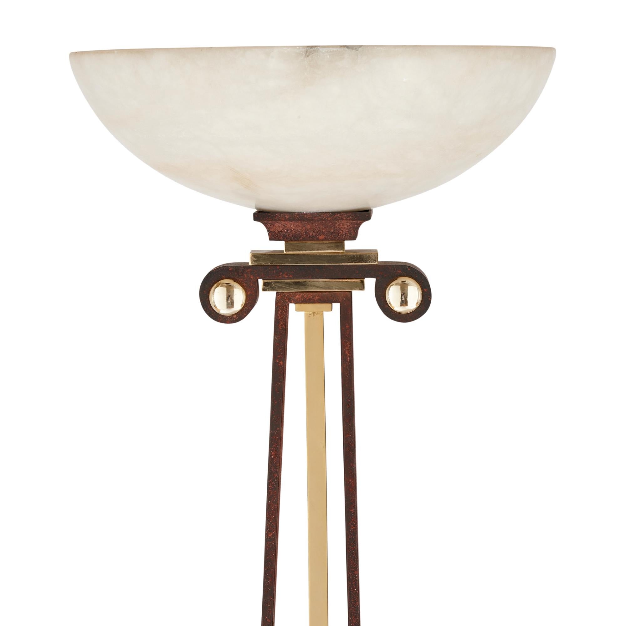 Modern Pair of 20th Century Alabaster, Gilt Metal and Iron Floor Lamps For Sale